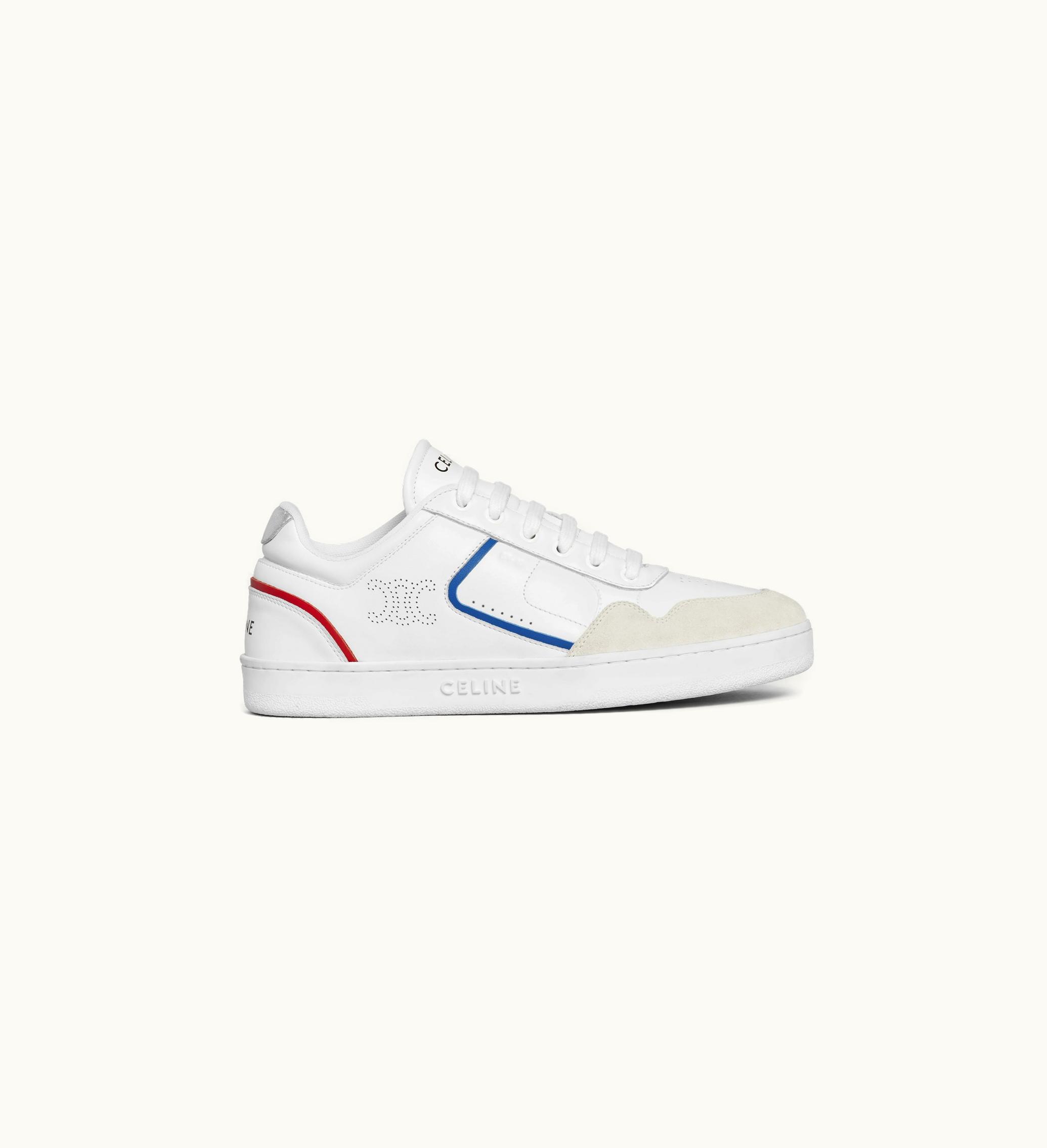 Celine CT-10 Celine Trainer Low LACE-UP Sneaker In Calfskin, Laminated Calfskin And Suede Calfskin - Optic White / Blue / Red / Silver