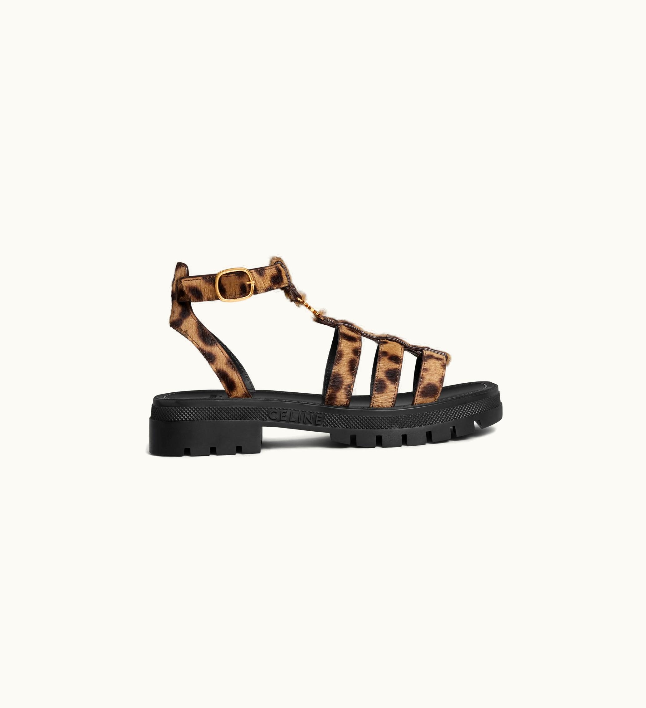Celine Celine Clea Triomphe Gladiator Sandal In Leopard Printed Hairy Calfskin - Black / Brown / Beige