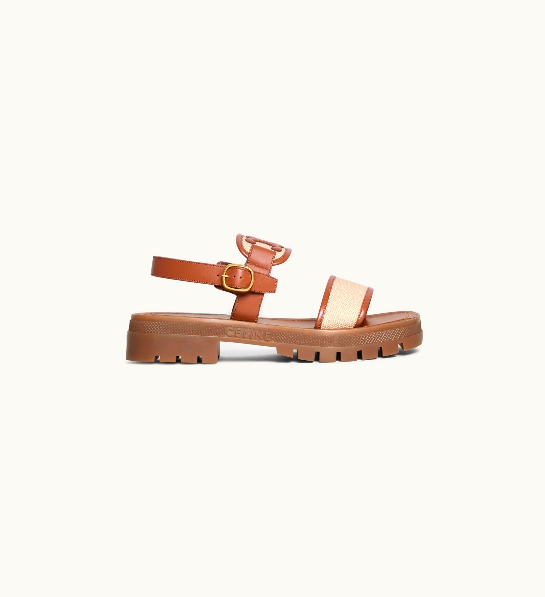 Celine Celine Clea Triomphe Sandal In Calfskin - Vegetal Tanning & Canvas - Tan / Dark Beige