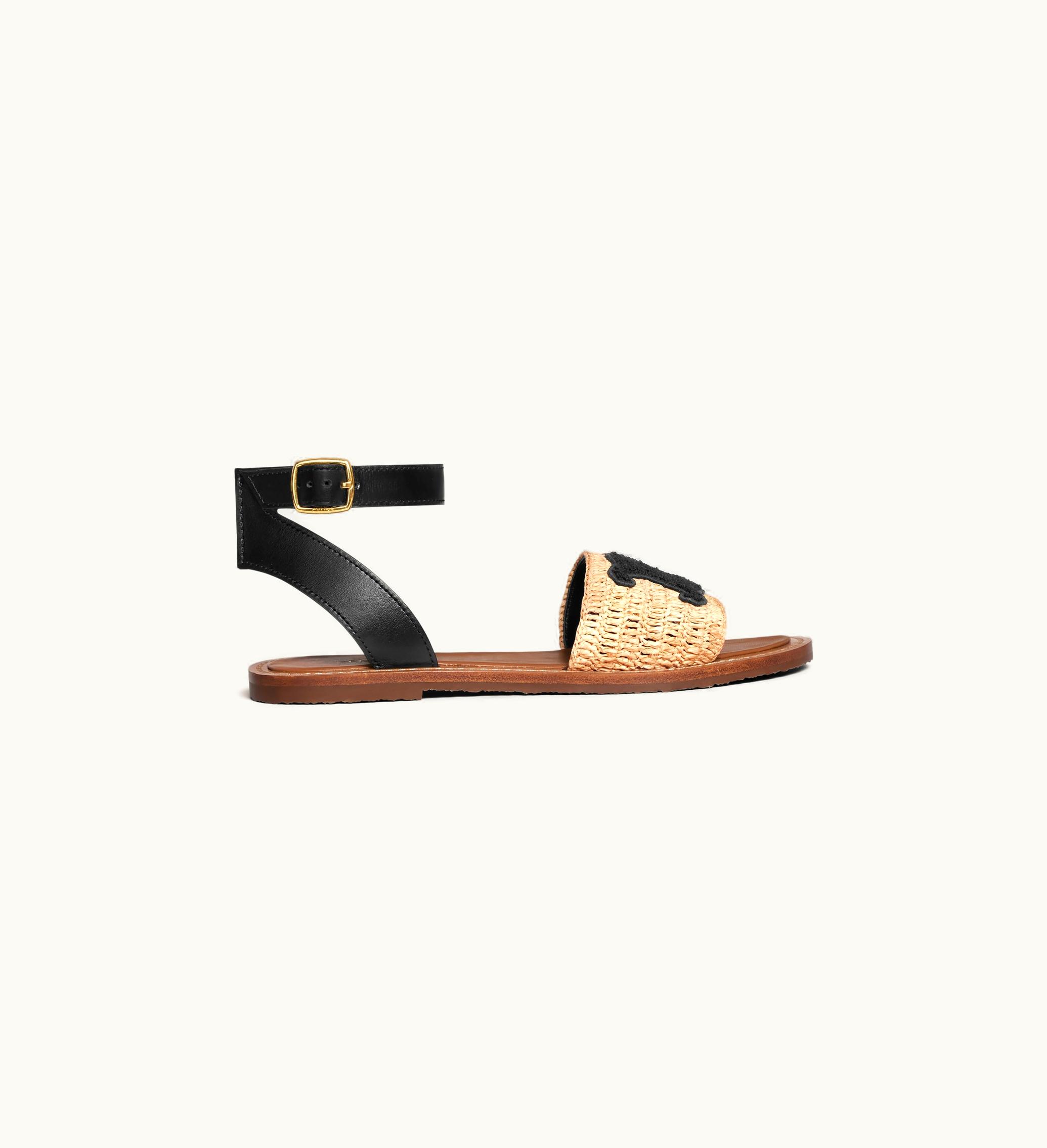 Celine Celine Lympia Flat Strap Sandal In Raffia & Calfskin - Beige / Black