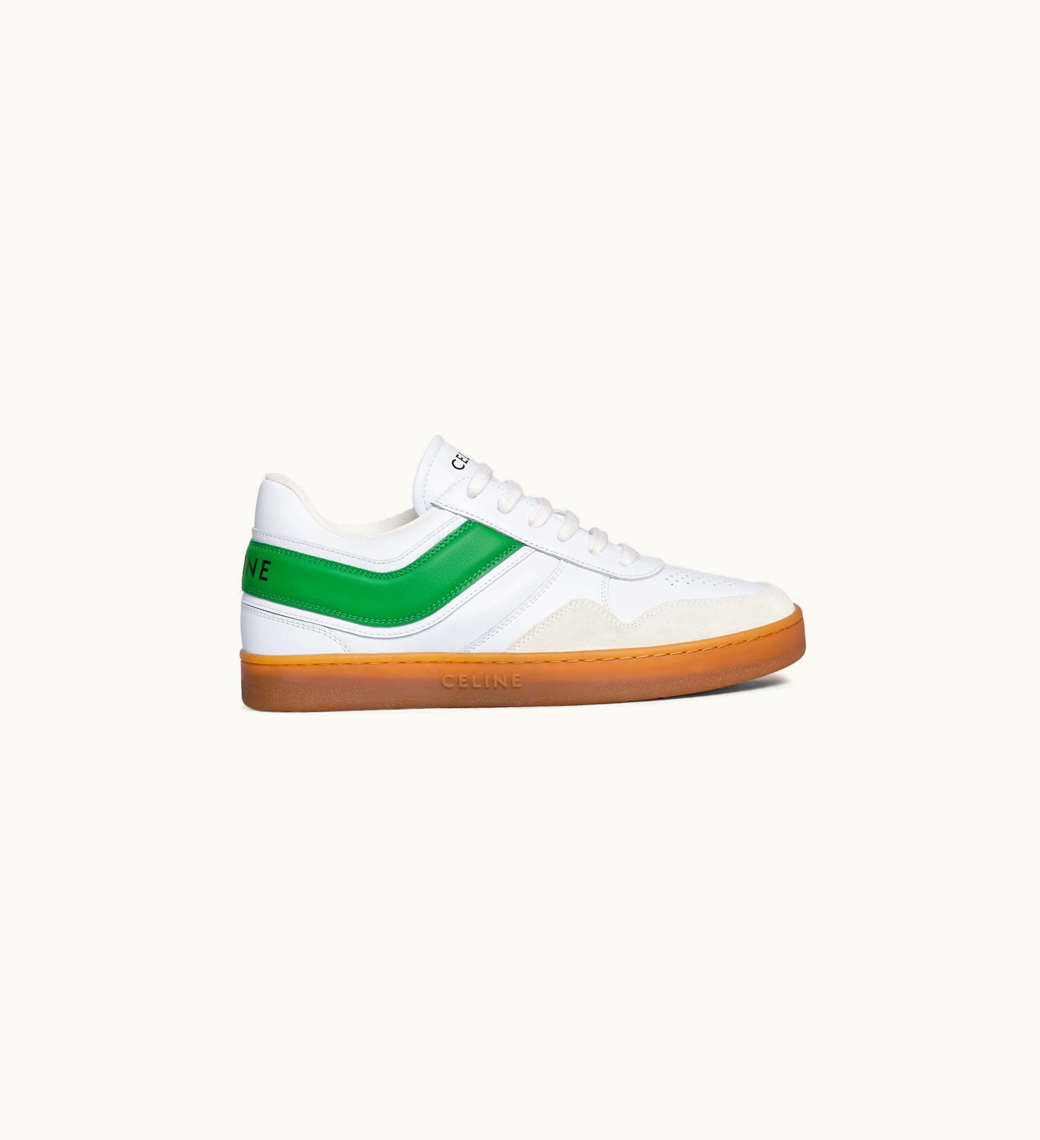 Celine Celine Trainer Low LACE-UP Sneaker In Calfskin And Suede Calfskin - Optic White / Flash Green / Beige