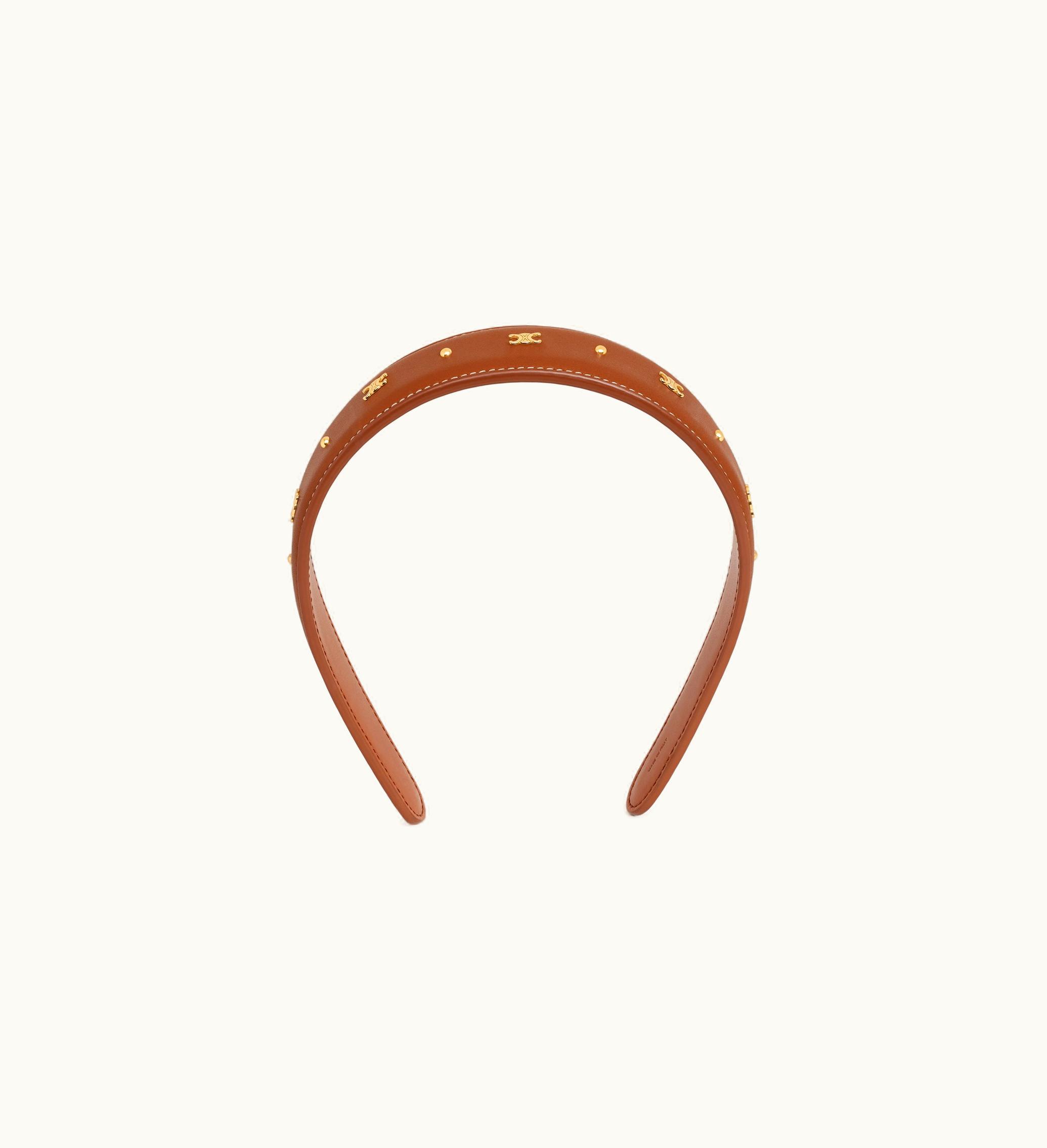 Celine Celine Triomphe Headband In Calfskin And Brass With Gold Finish - Tan / Gold