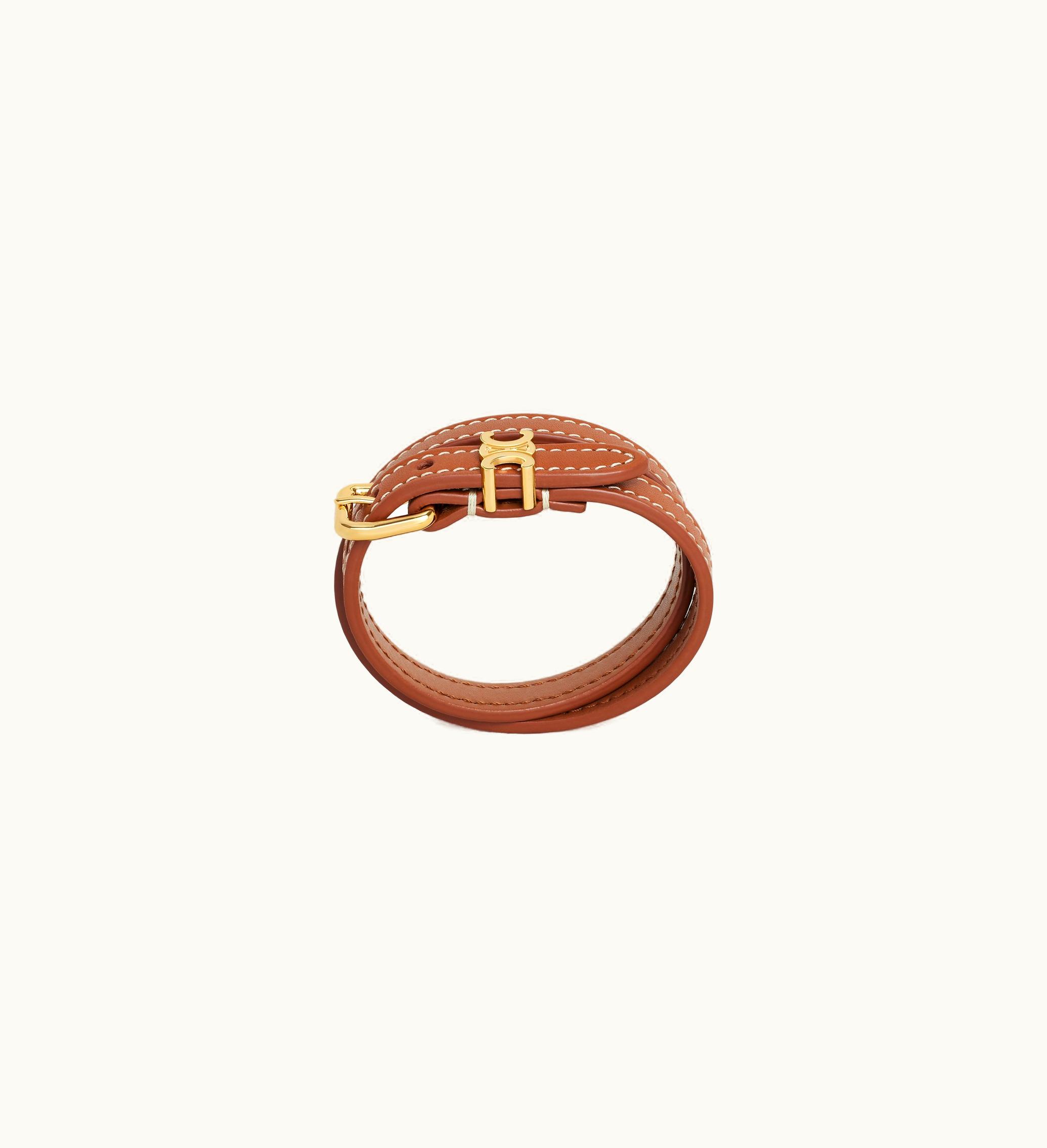 Celine Les Cuirs Celine Double Bracelet In Calfskin And Brass With Gold Finish - Gold / Tan
