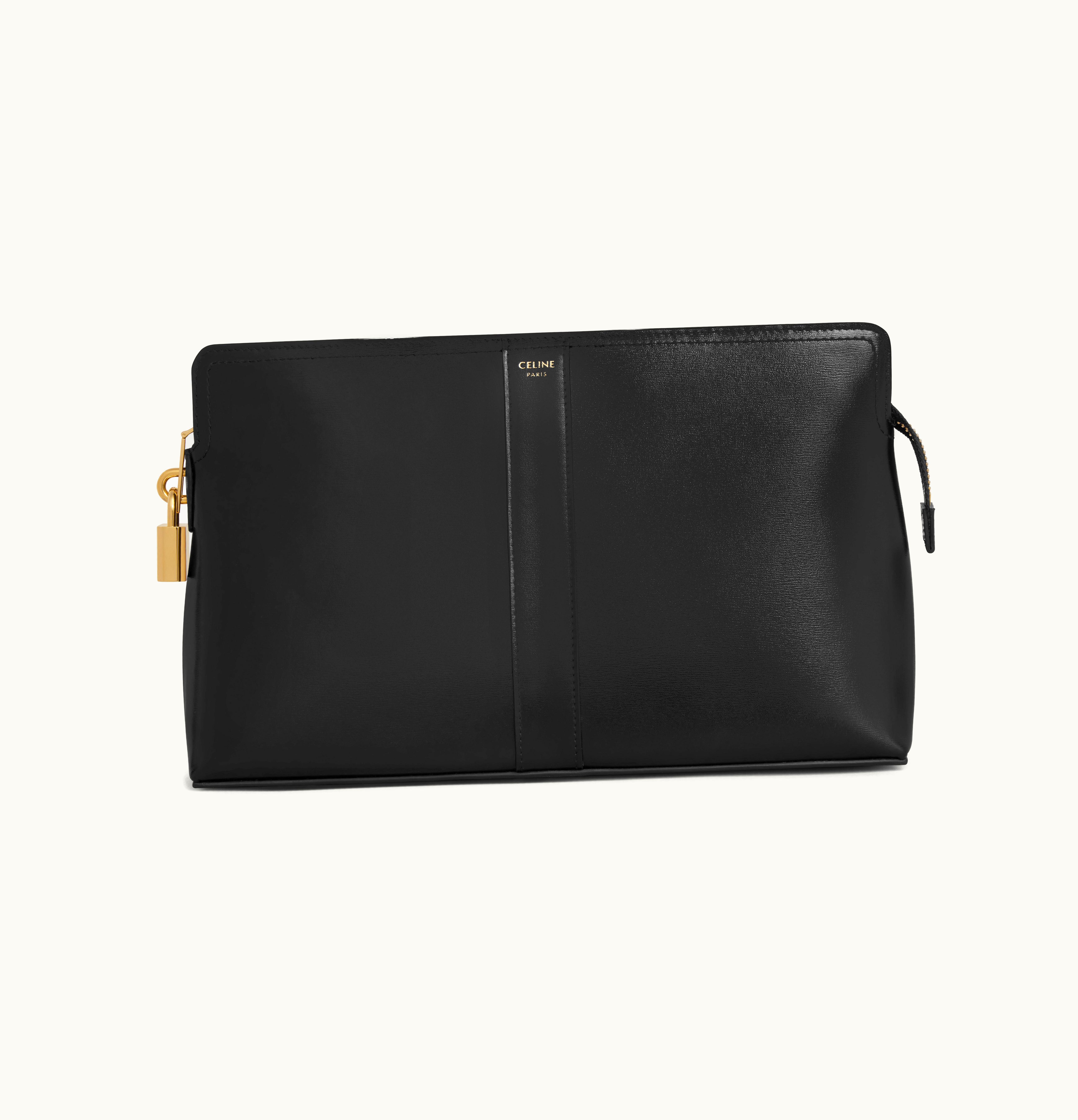 Celine Celine Lock Toiletry Pouch In Shiny Calfskin - Black