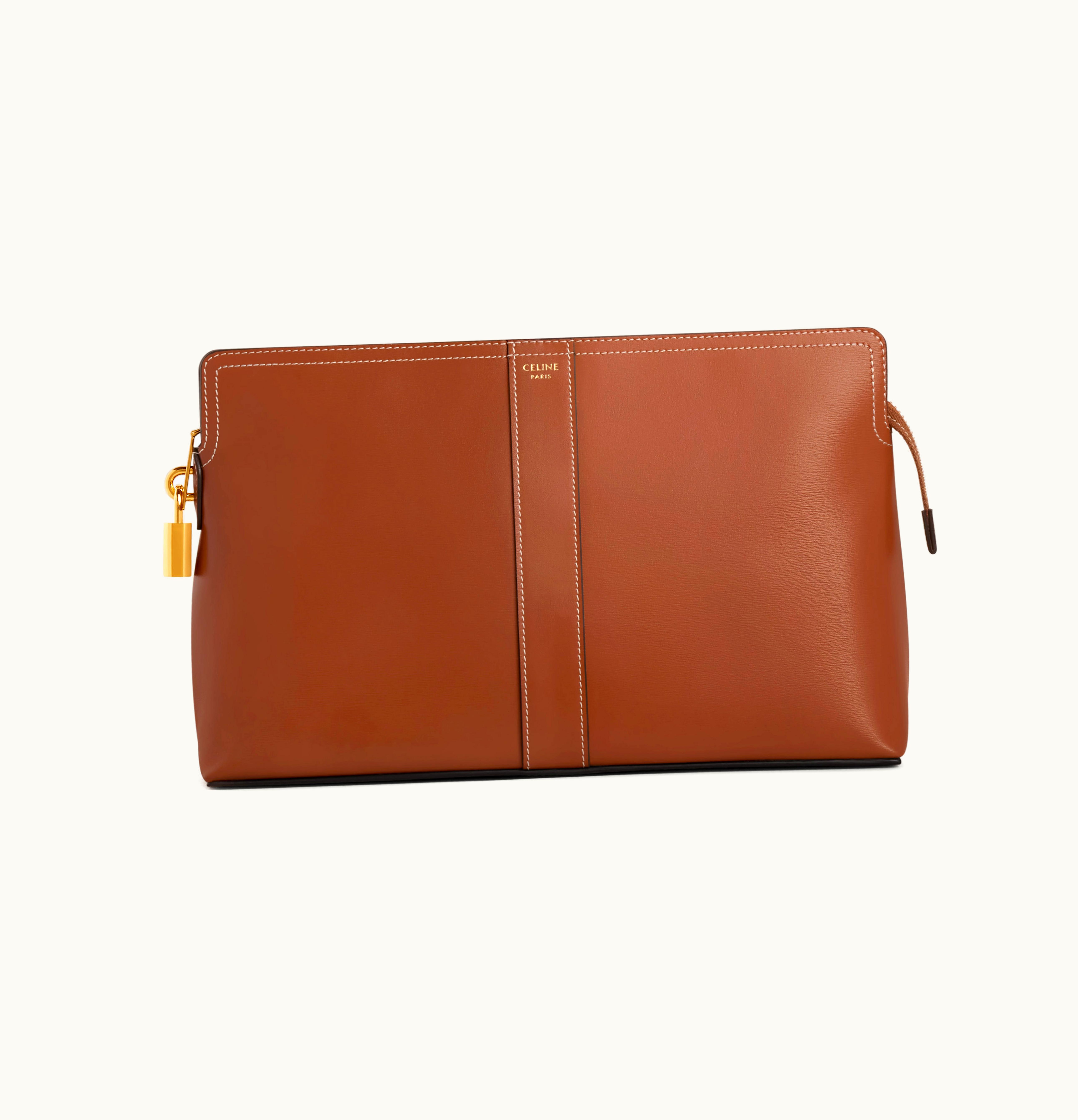 Celine Celine Lock Toiletry Pouch In Shiny Calfskin - Tan