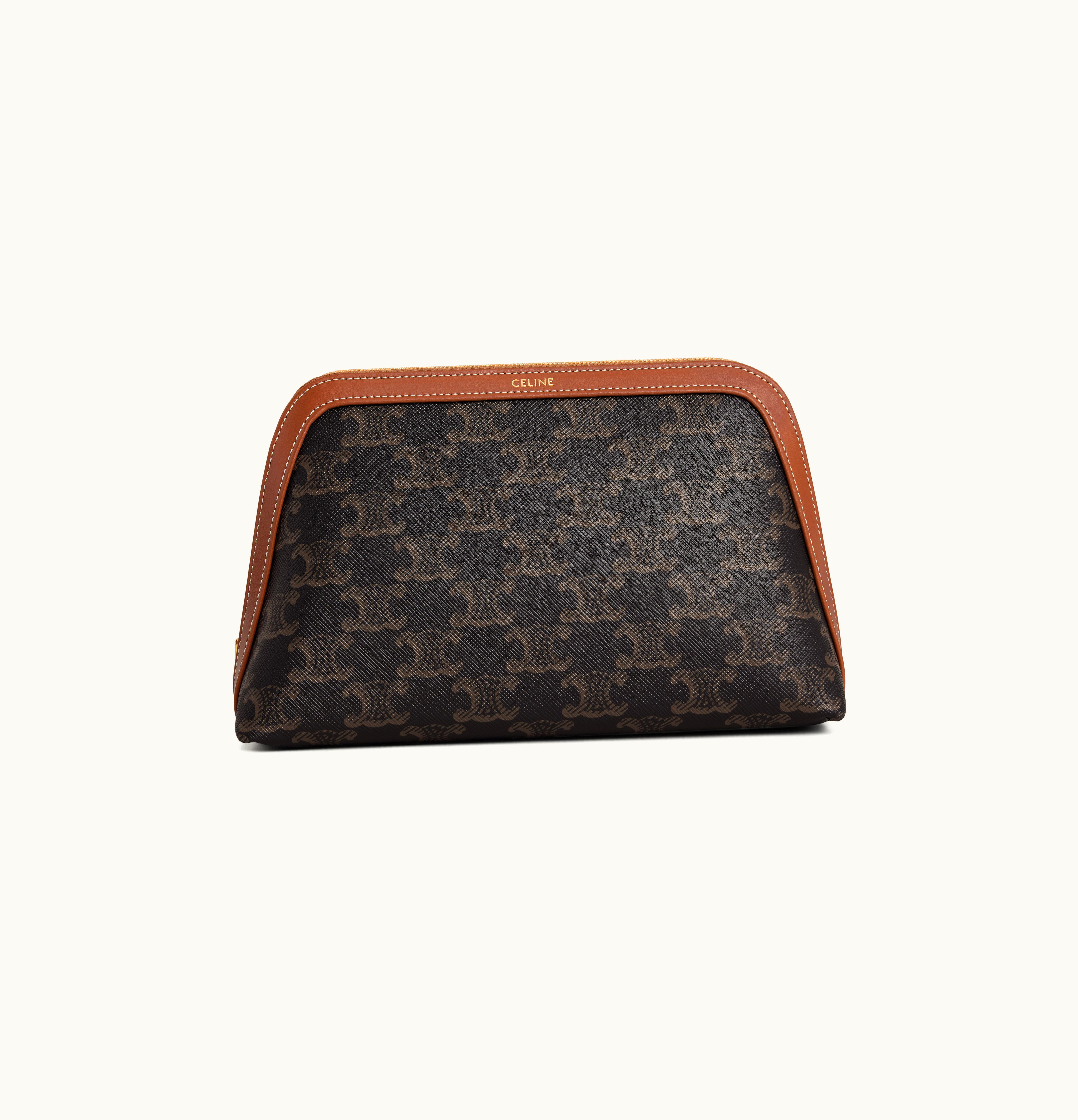 Celine Celine Medium Cosmetic Pouch In Triomphe Canvas And Calfskin - Tan