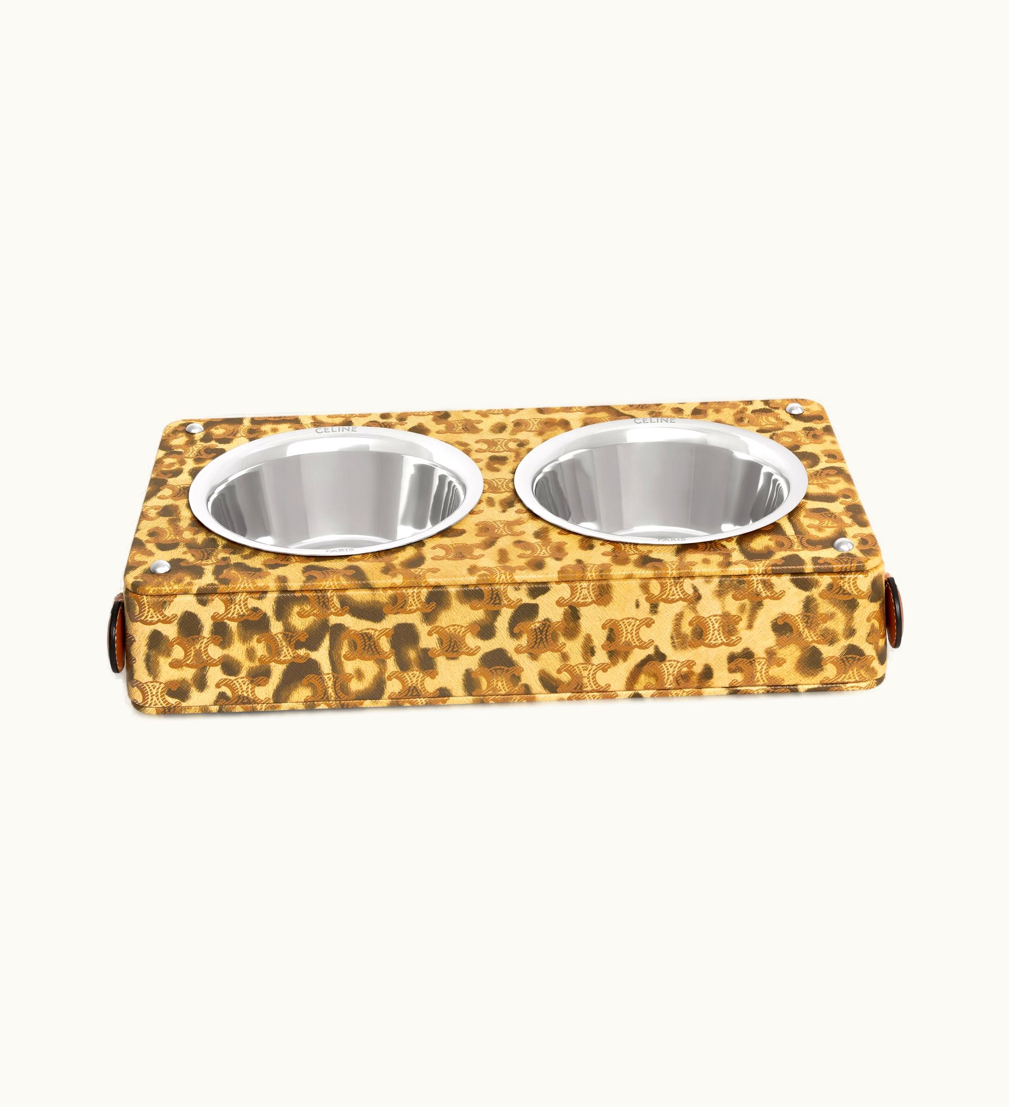 Celine Celine Dog Bowl In Lambskin With Triomphe Canvas With Leopard Print - Leopard