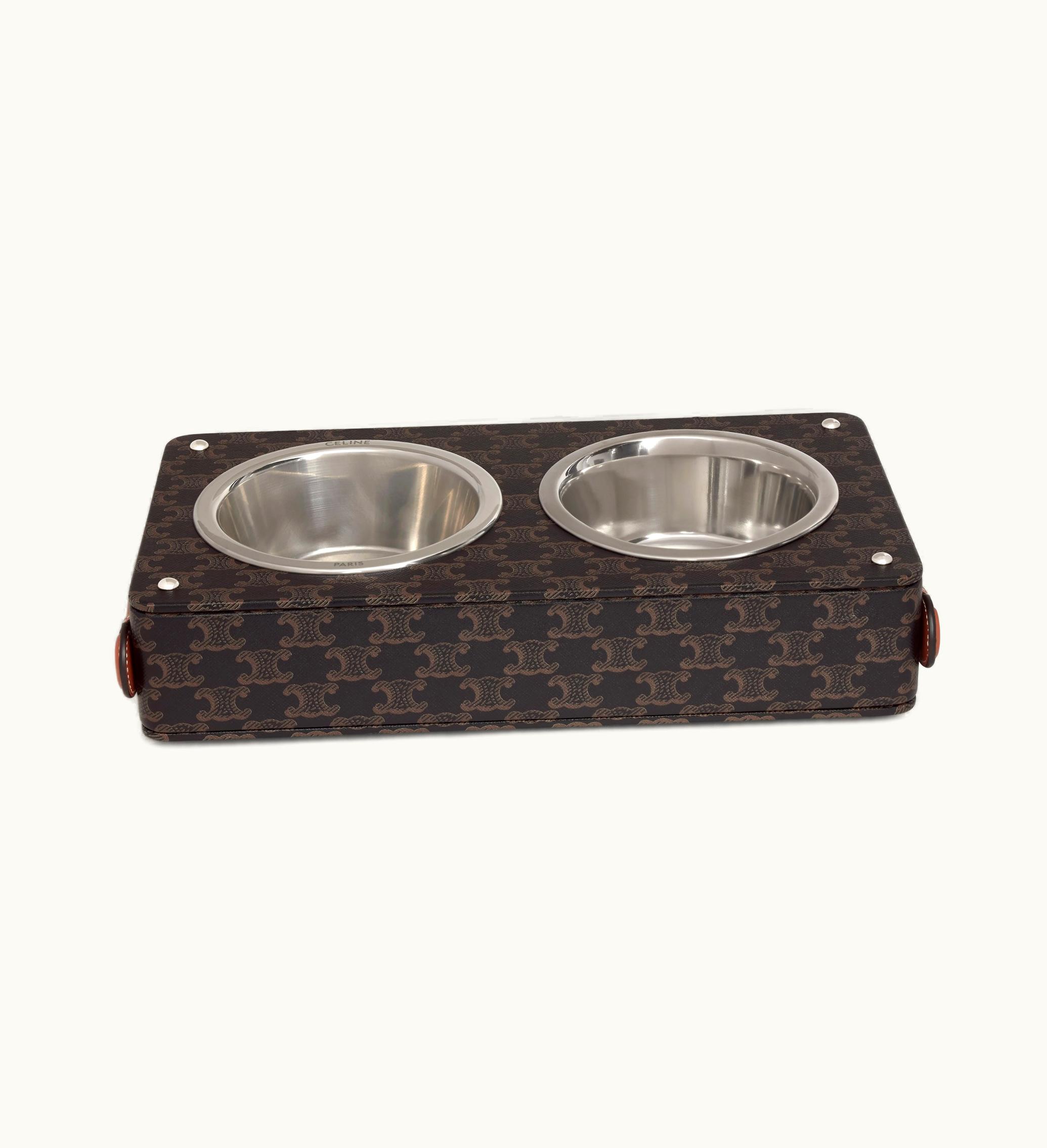 Celine Celine Double Dog Bowl In Nappa Lambskin With Triomphe Canvas Print And Calfskin - Tan