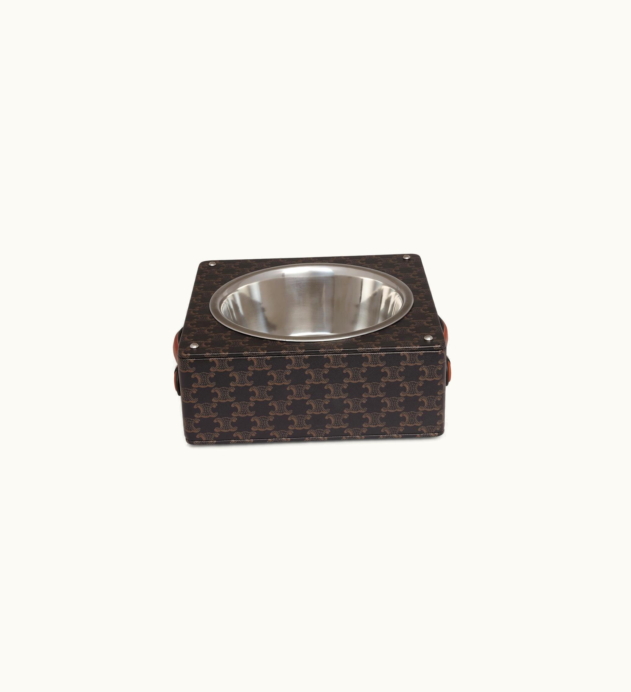 Celine Celine Single Dog Bowl In Nappa Lambskin With Triomphe Canvas Print And Calfskin - Tan