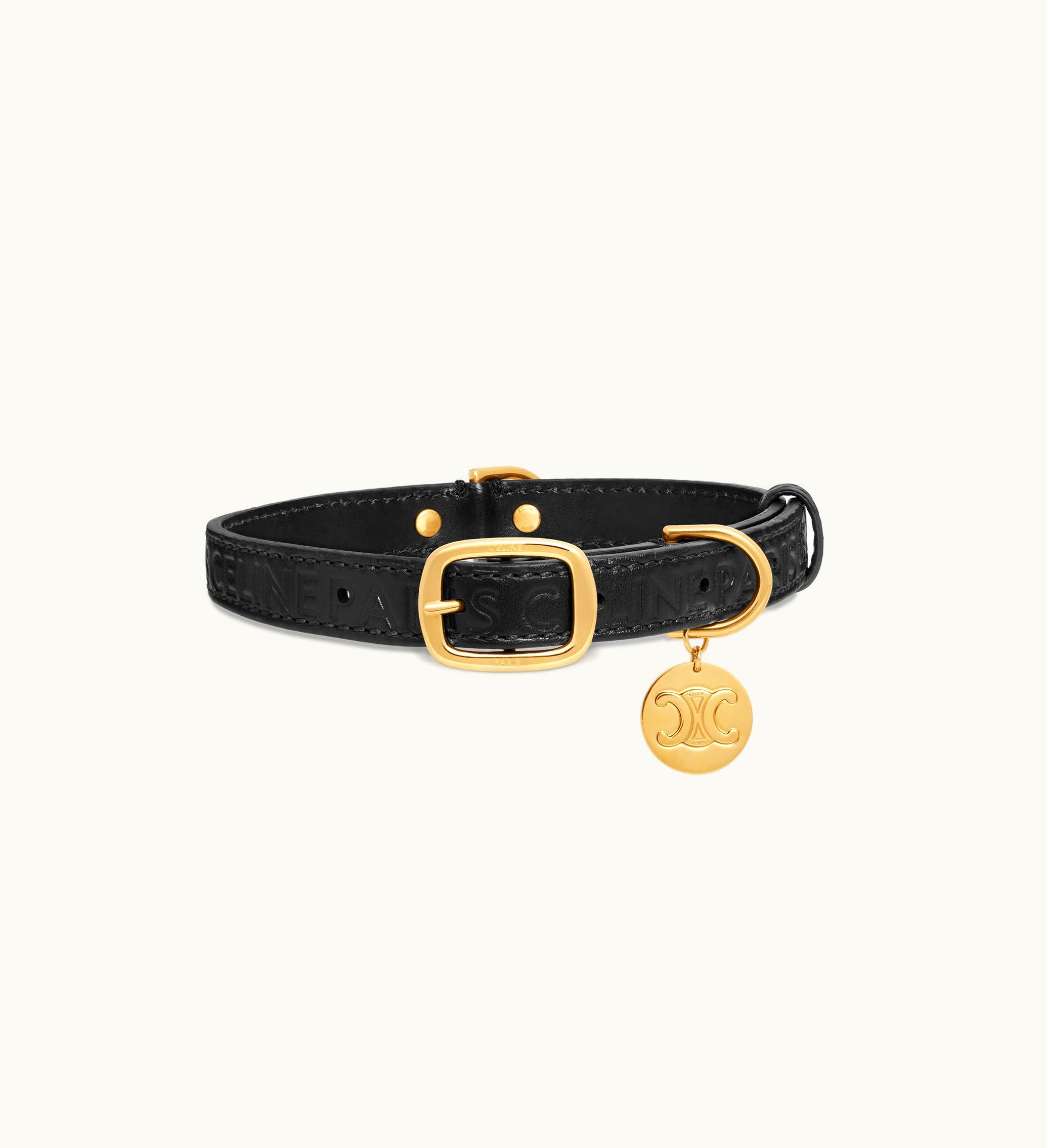 Celine Medium Thin Dog Collar In Smooth Calfskin With Celine Embossed - Black