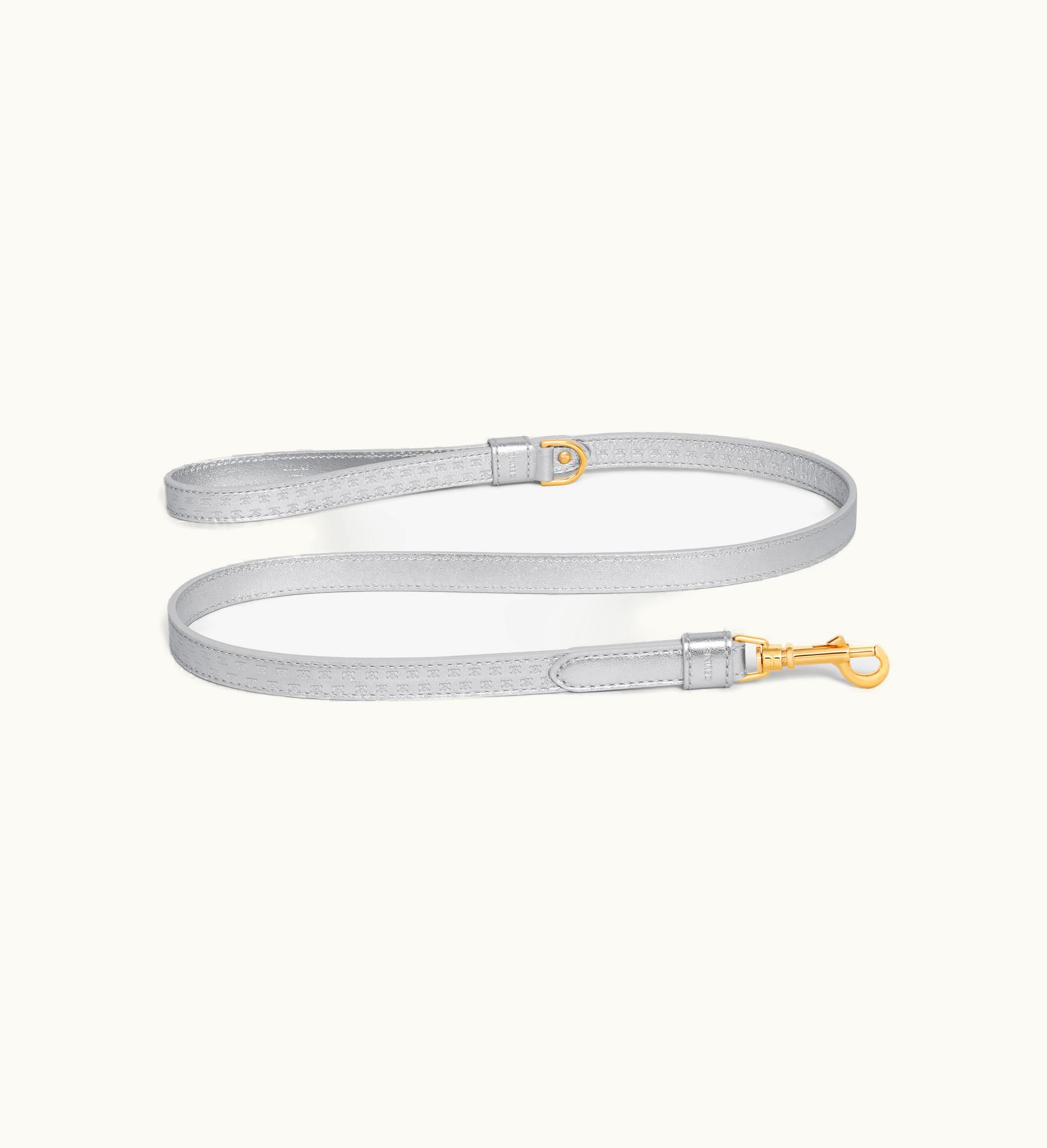 Celine Celine Thin Dog Leash In Laminated Calfskin With Triomphe Embossed - Silver