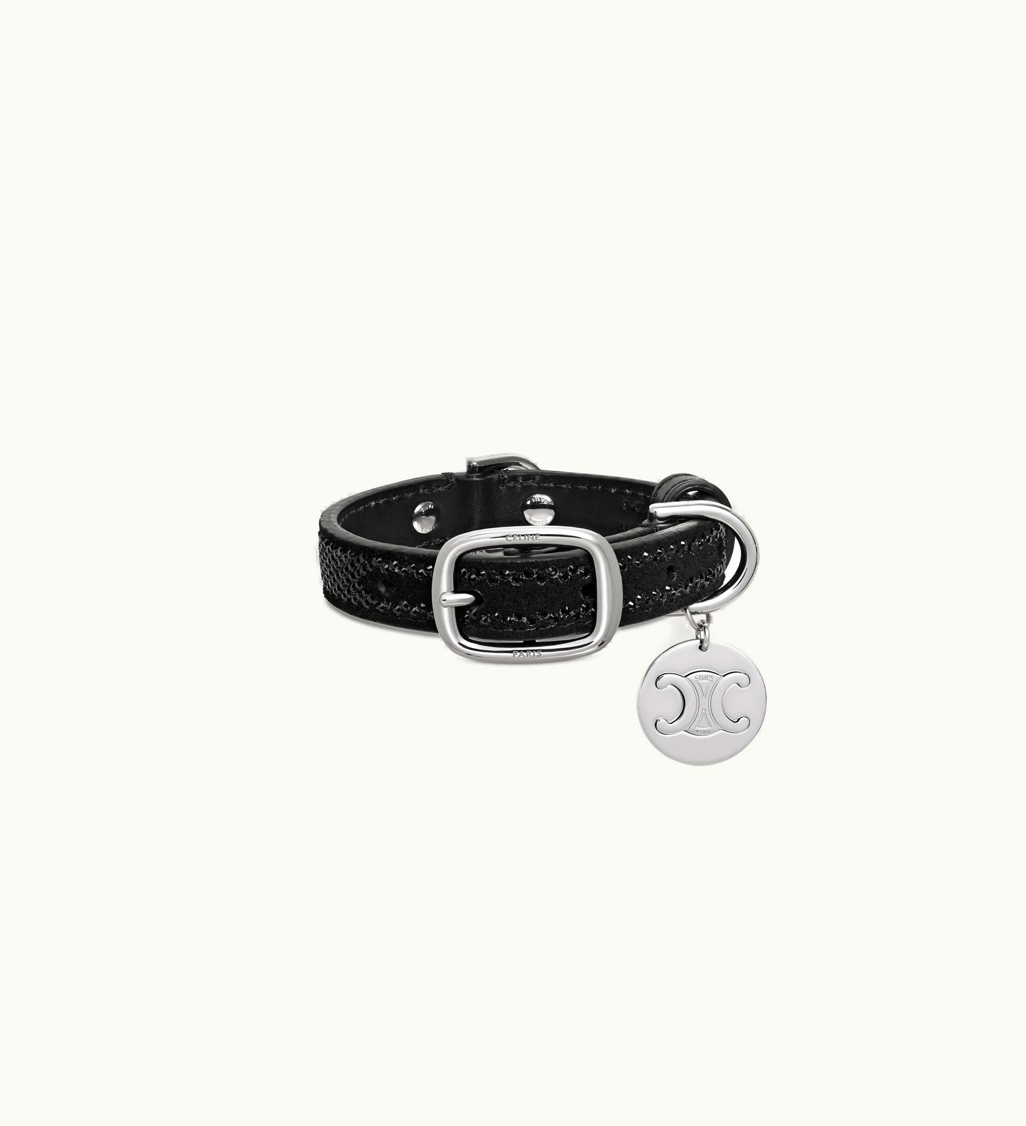 Celine Celine Nano Extra Thin Dog Collar In Suede Calfskin With Strass - Black