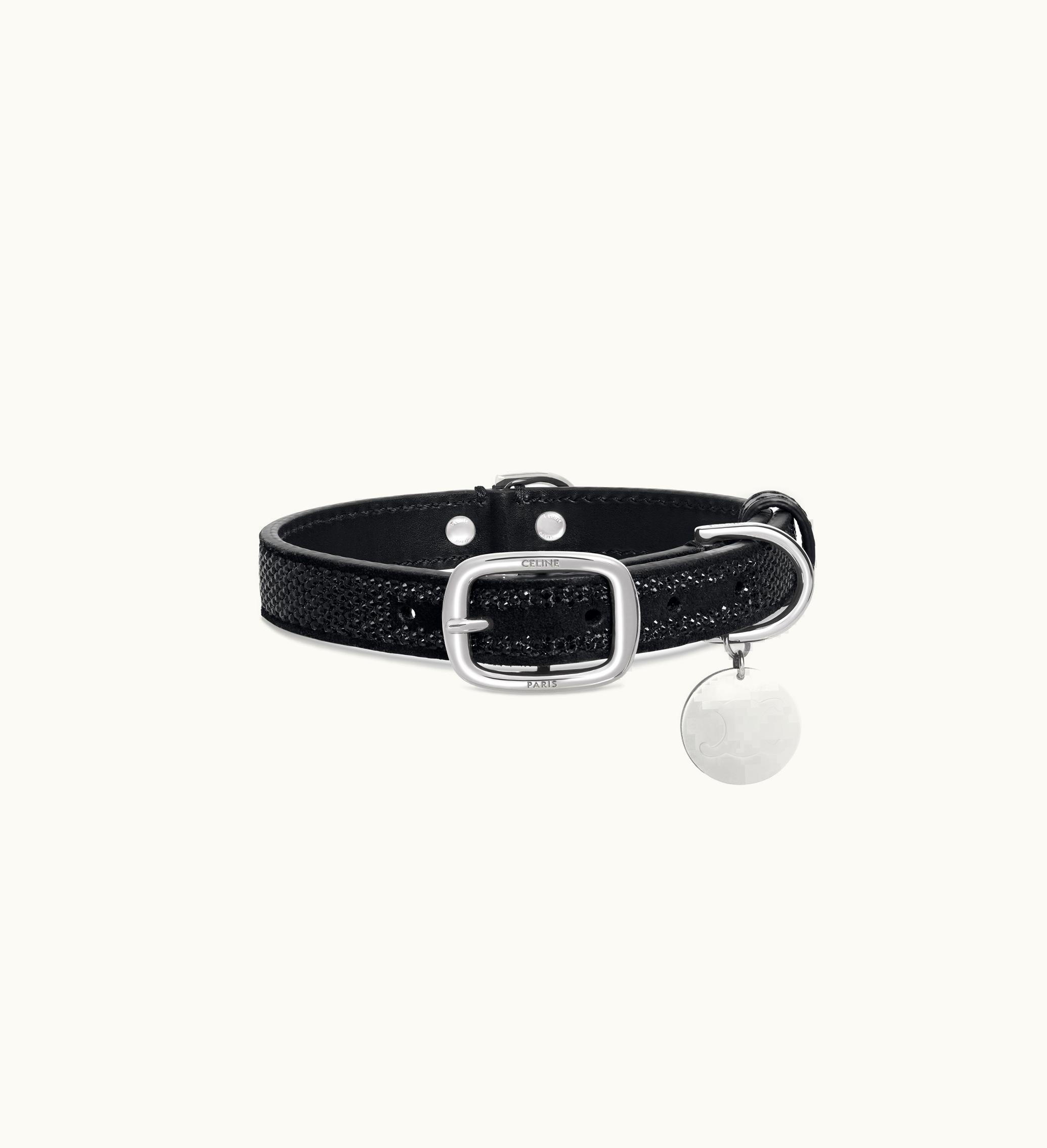 Celine Celine Small Thin Dog Collar In Suede Calfskin With Strass - Black