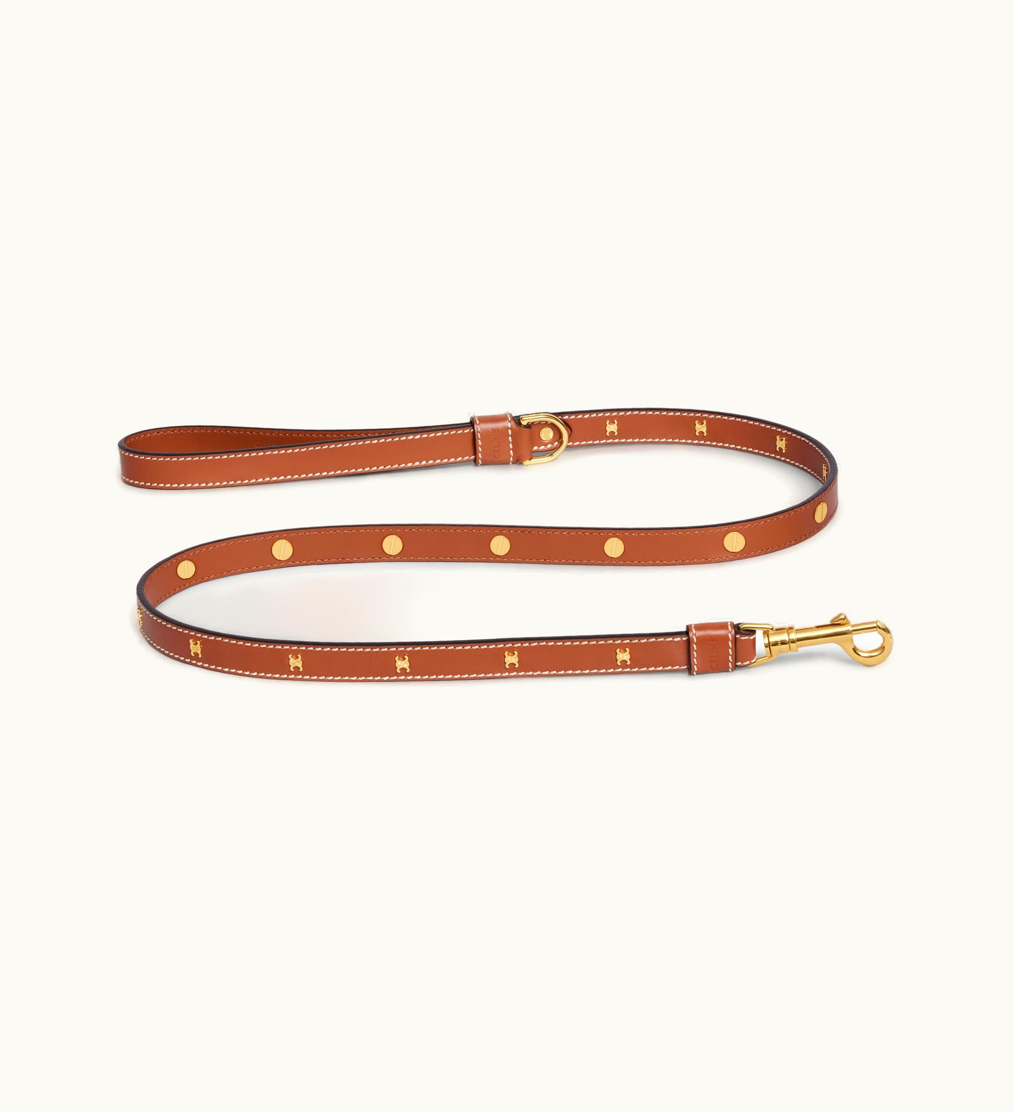 Celine Celine Thin Dog Leash In Smooth Calfskin With Studs Triomphe - Tan