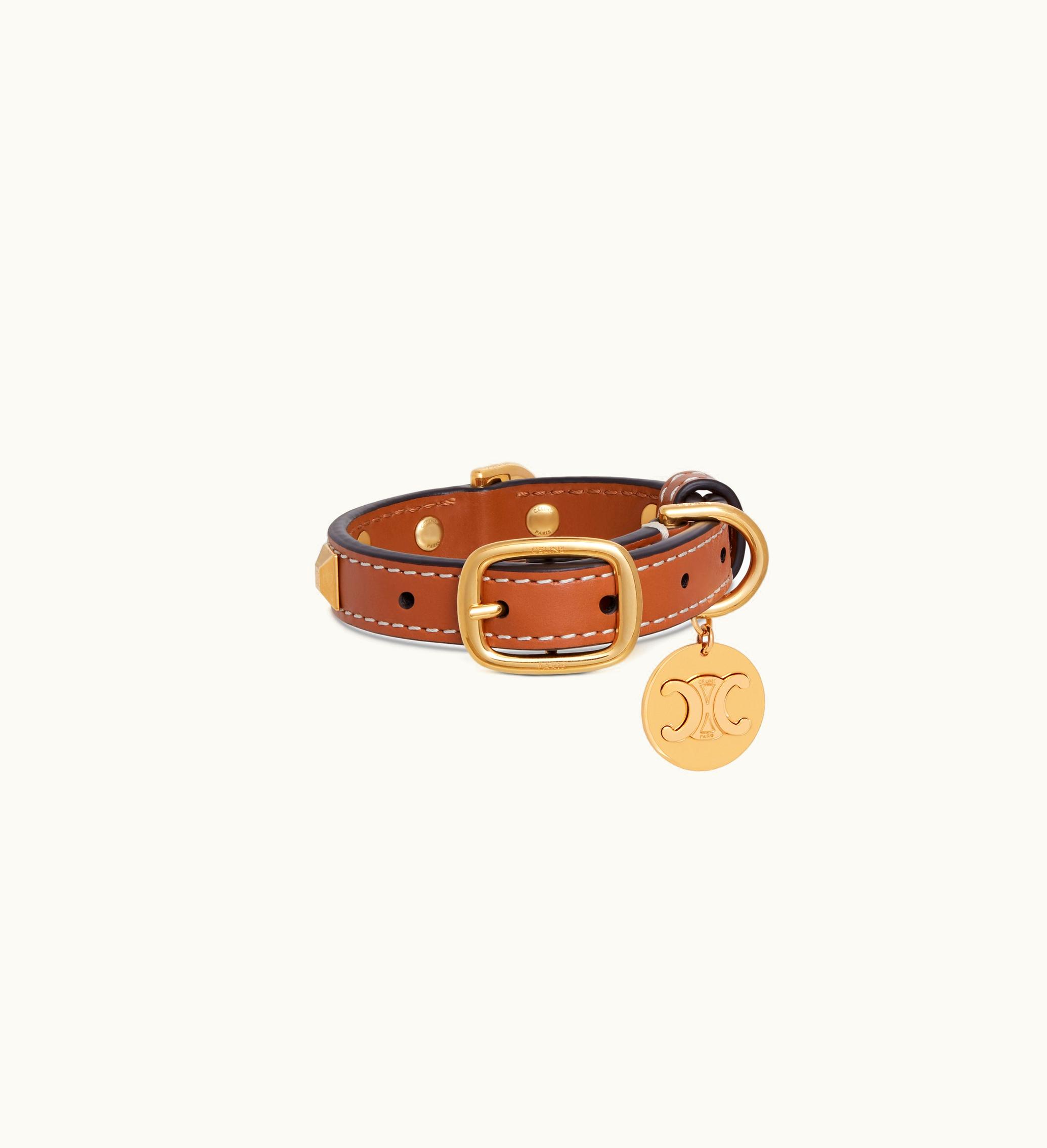 Celine Celine Nano Extra Thin Dog Collar In Smooth Calfskin With Pyramid Studs - Tan