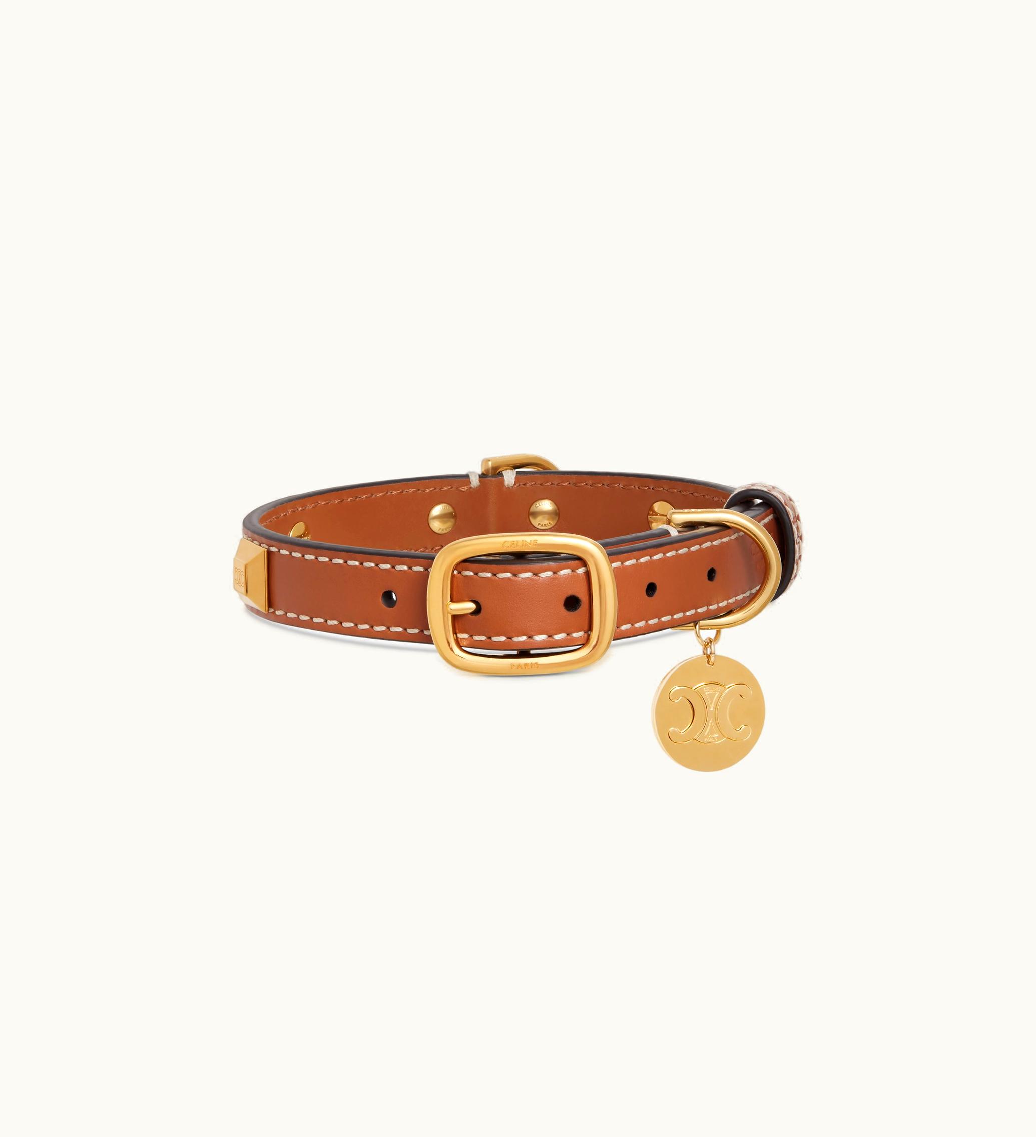 Celine Celine Small Thin Dog Collar In Smooth Calfskin With Pyramid Studs - Tan