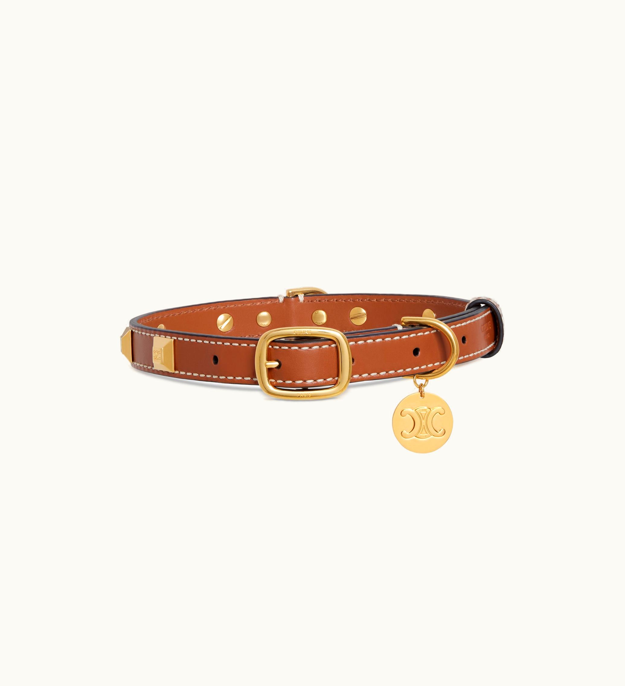 Celine Celine Medium Thin Dog Collar In Smooth Calfskin With Pyramid Studs - Tan