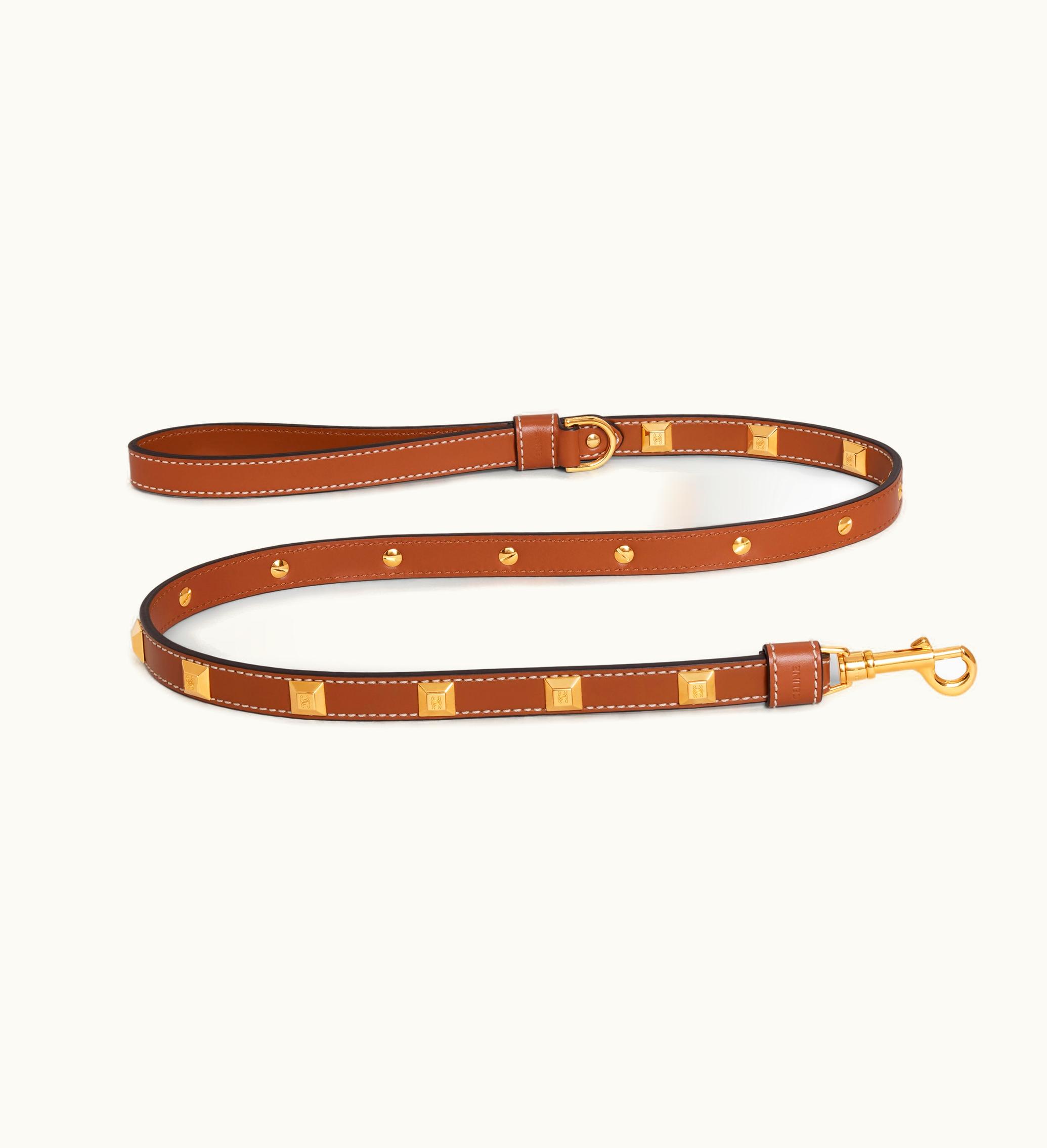 Celine Celine Thin Dog Leash In Smooth Calfskin With Pyramid Studs - Tan