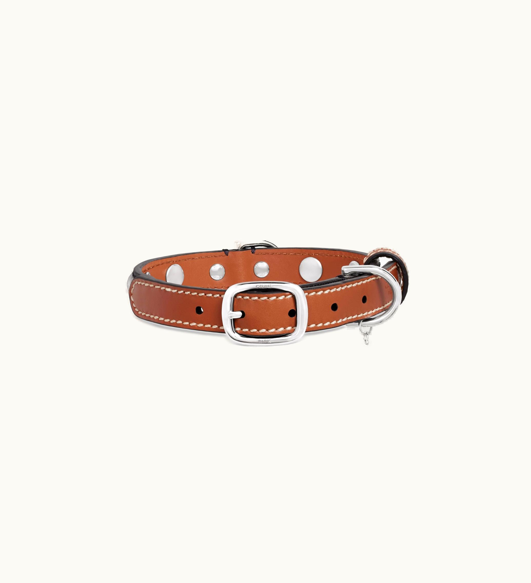 Celine Celine Small Thin Dog Collar In Triomphe Canvas & Calfskin With Studs - Tan