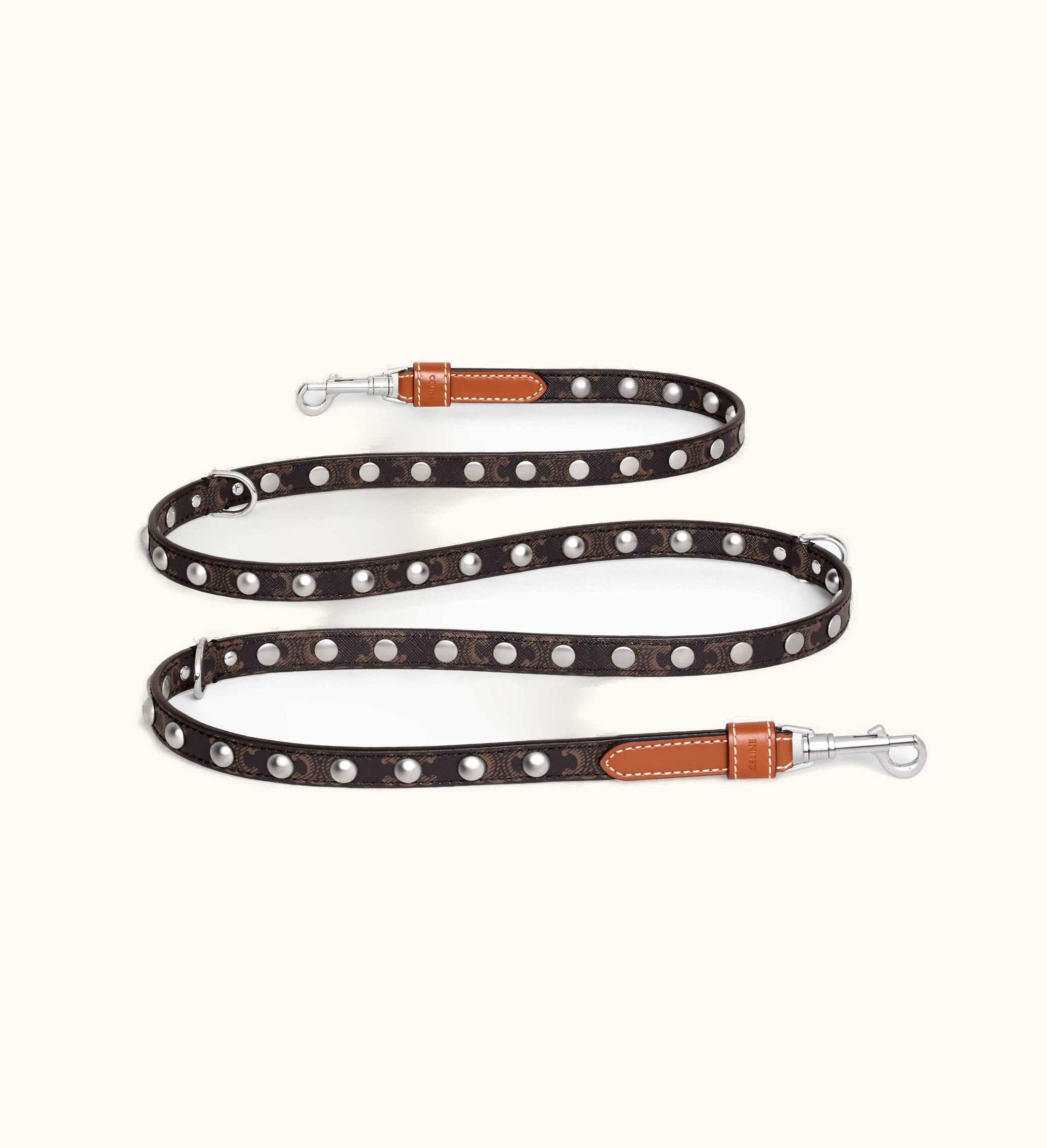 Celine Celine Adjustable Dog Leash In Triomphe Canvas And Calfskin With Studs - Tan