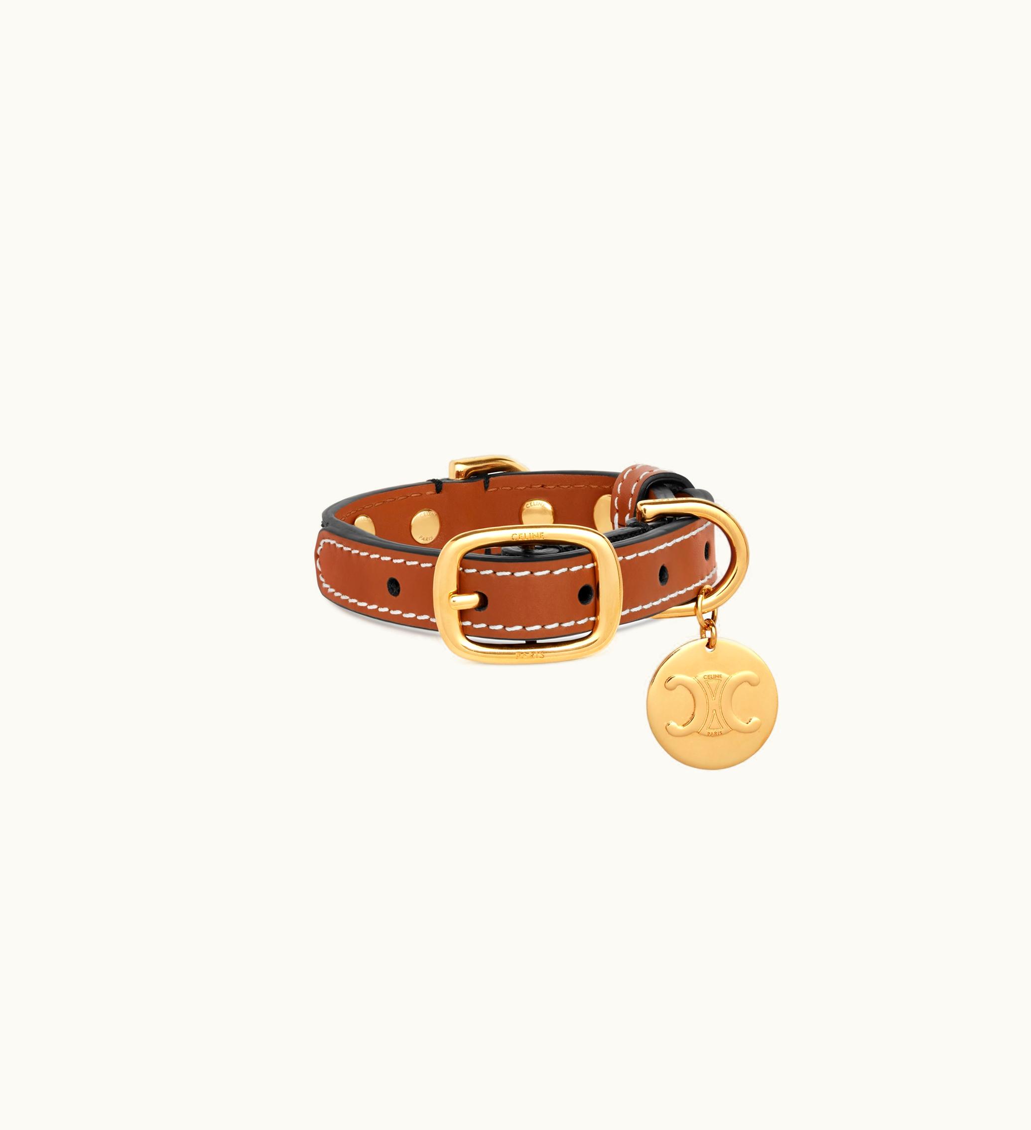 Celine Celine Nano Extra Thin Dog Collar In Triomphe Canvas And Calfskin With Studs - Tan Tan