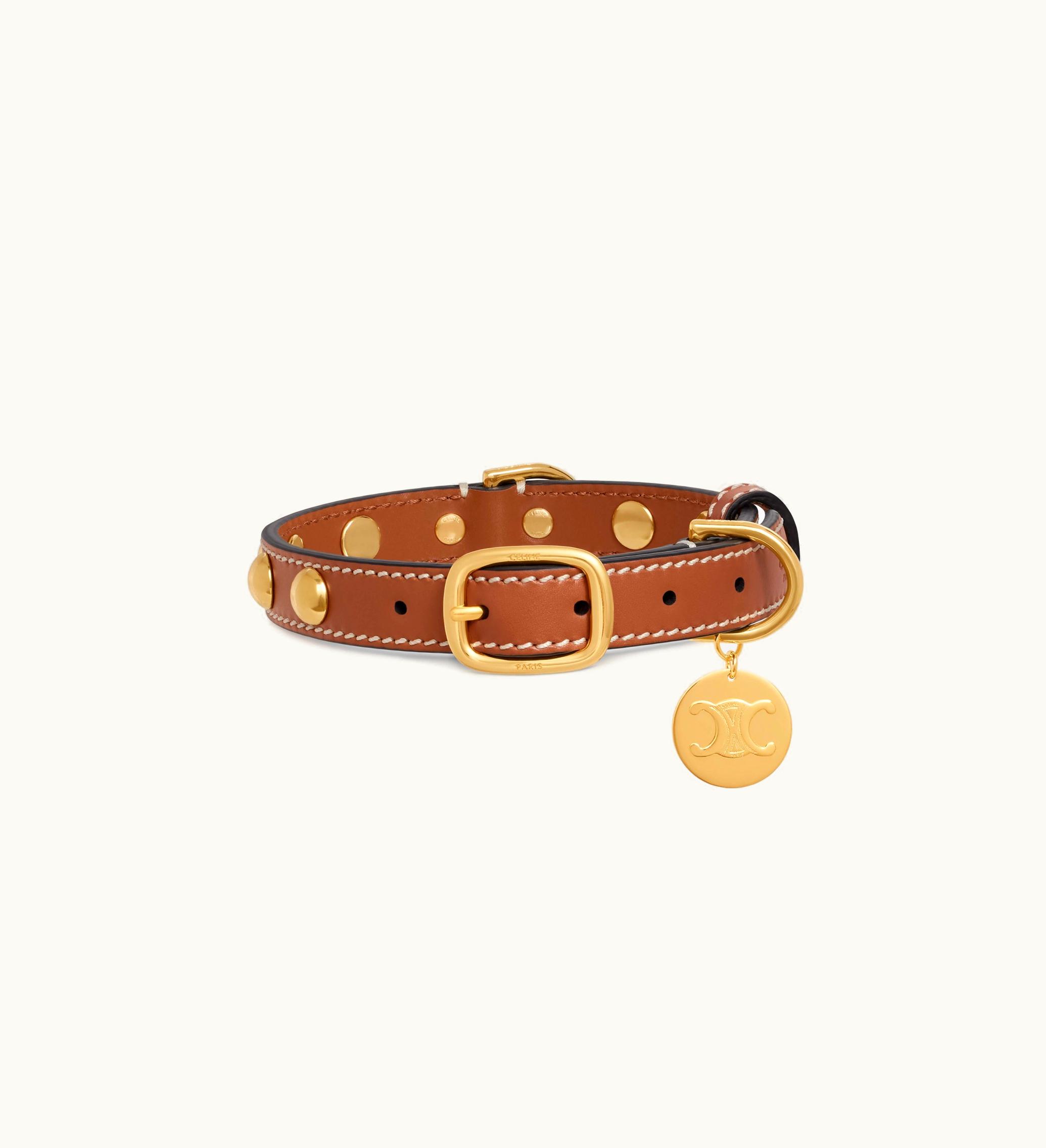 Celine Celine Small Thin Dog Collar In Smooth Calfskin With Studs - Tan