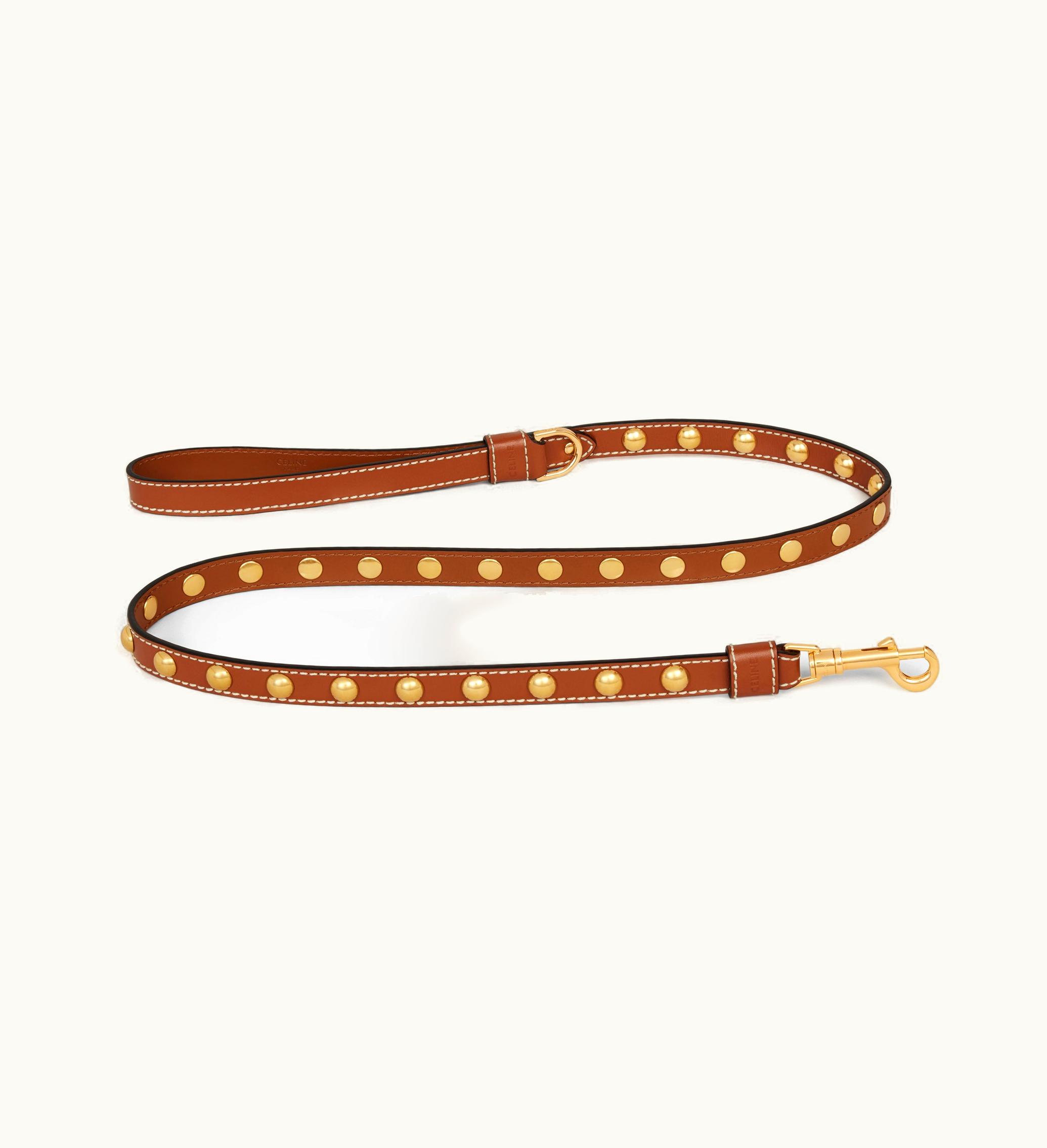 Celine Celine Thin Dog Leash In Smooth Calfskin With Studs - Tan