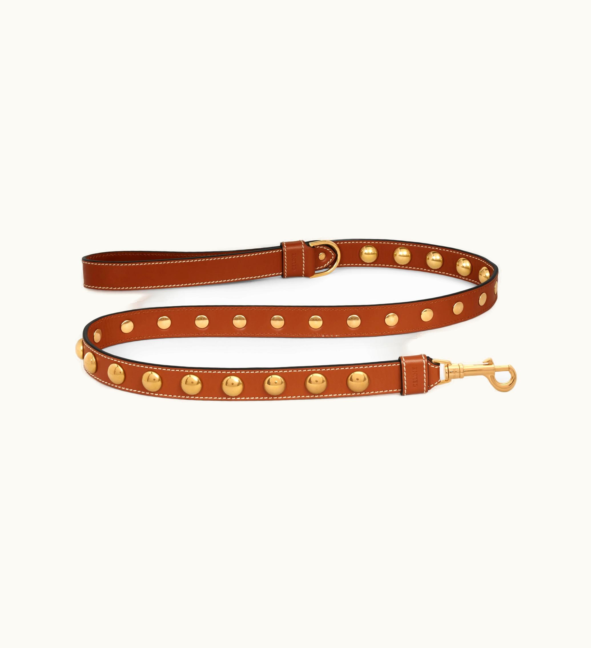 Celine Celine Wide Dog Leash In Smooth Calfskin With Studs - Tan