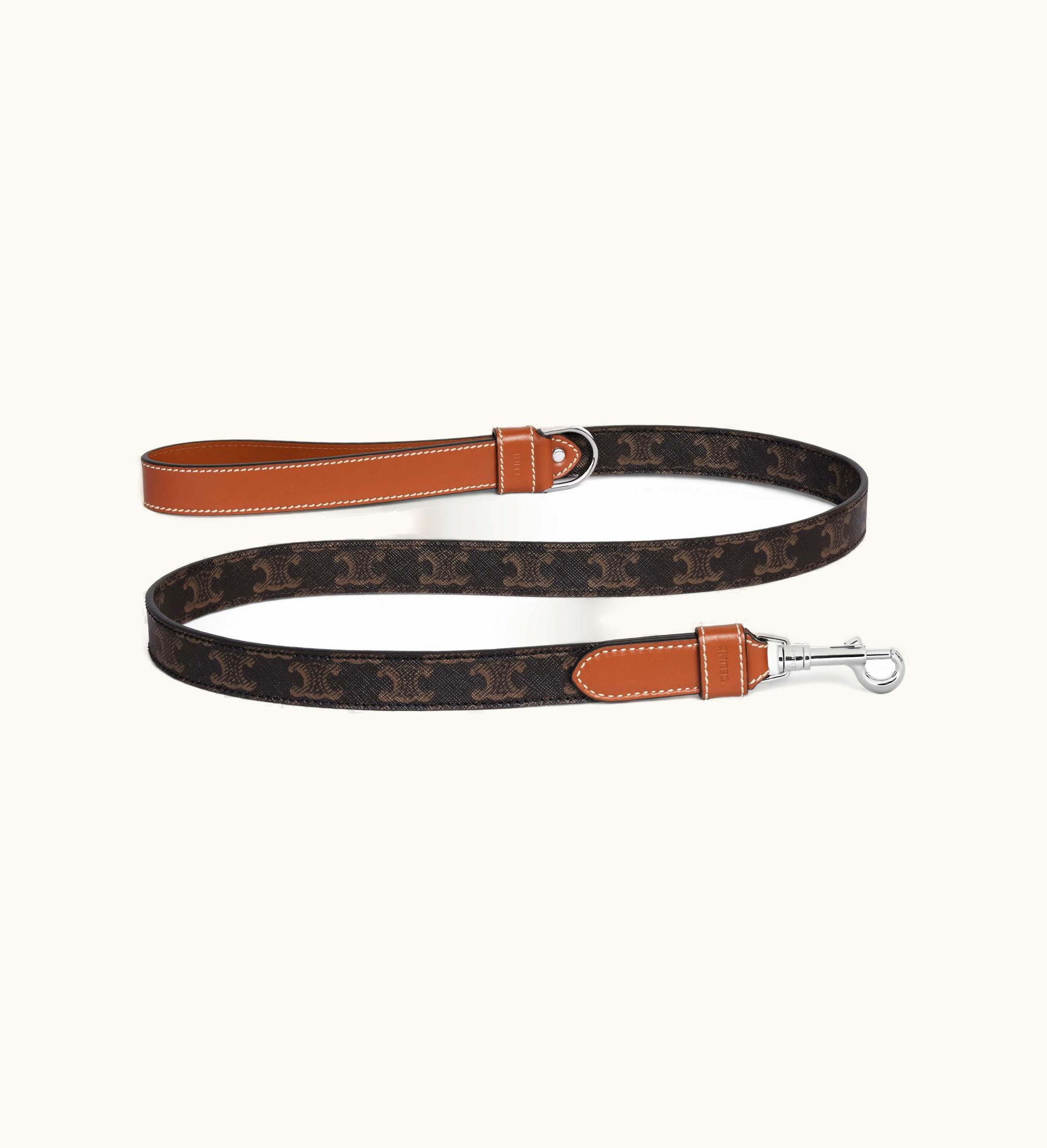 Celine Celine Wide Dog Leash In Triomphe Canvas And Calfskin - Tan