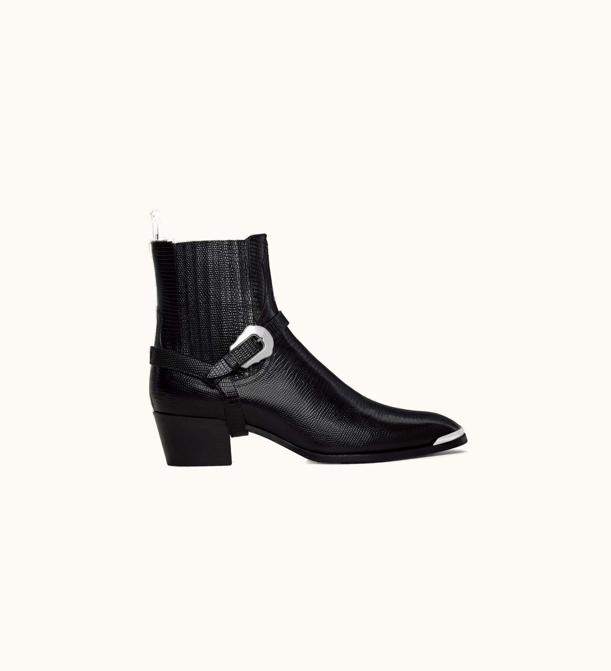 Celine Celine Western Chelsea Isaac Boot With Harness And Metal Toe In Tejus Stamped Calfskin - Black