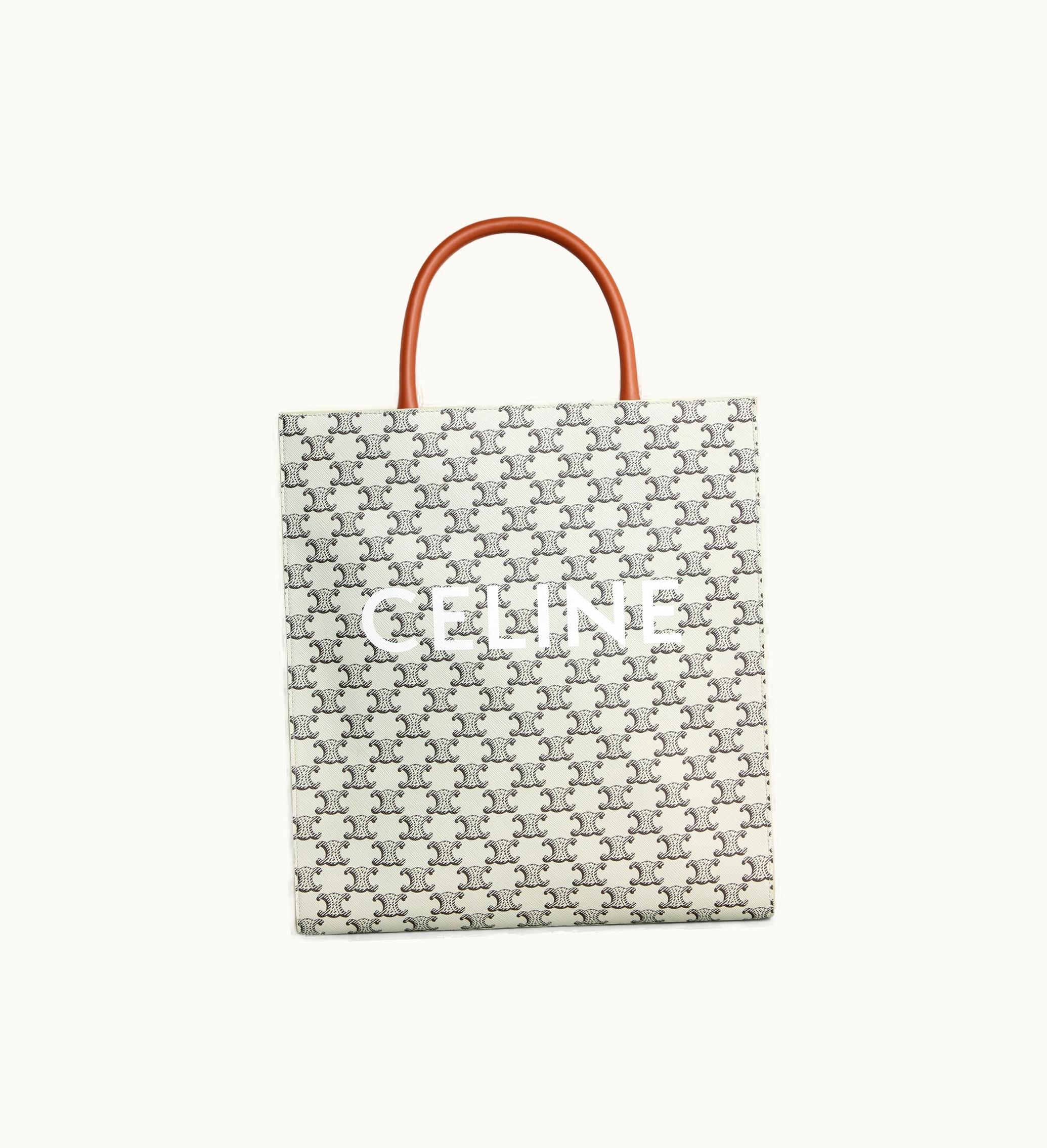Celine Medium Vertical Cabas In Triomphe Canvas With Celine Print - Tan / Ecru
