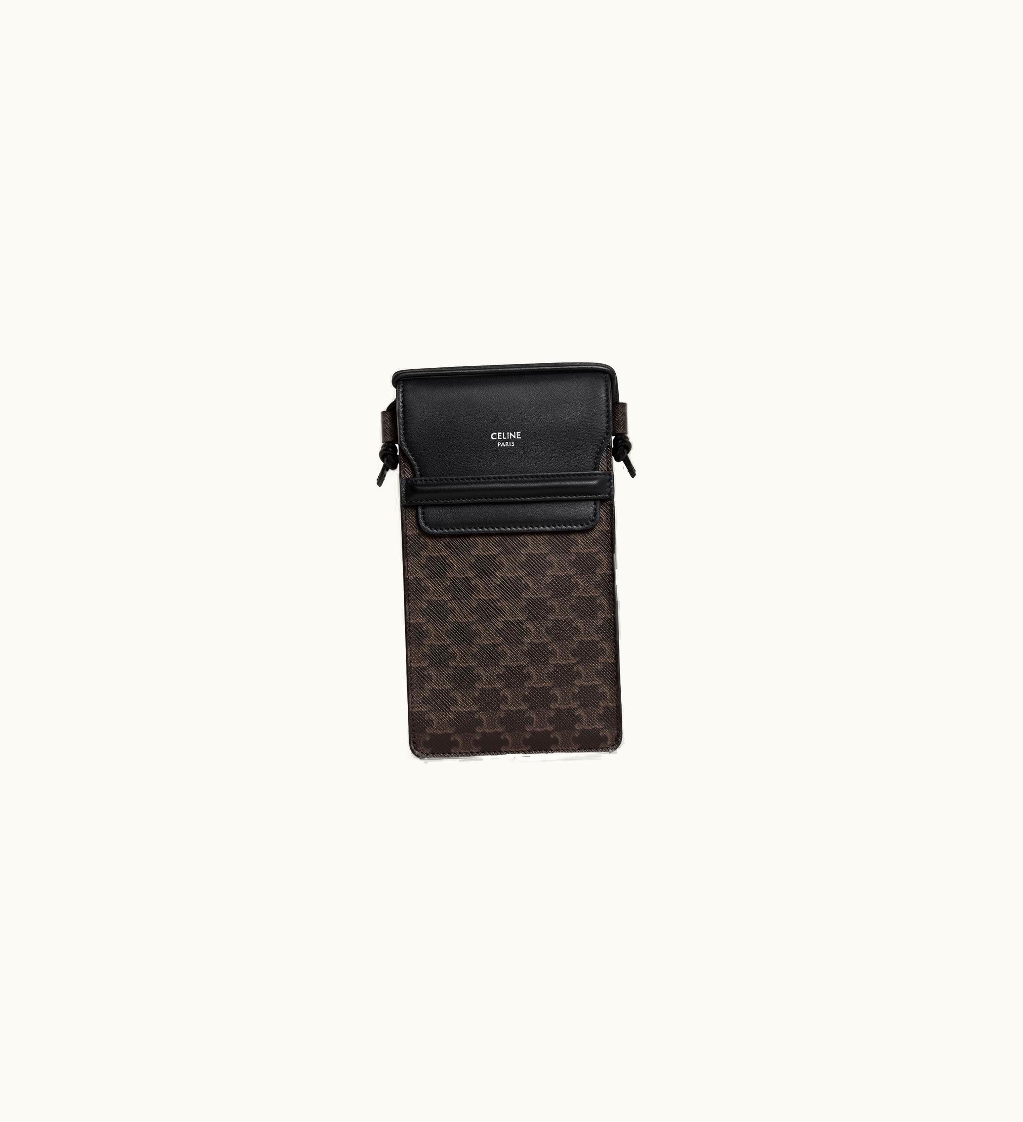 Celine Celine Phone Pouch With Flap In Triomphe Canvas And Lambskin - Black