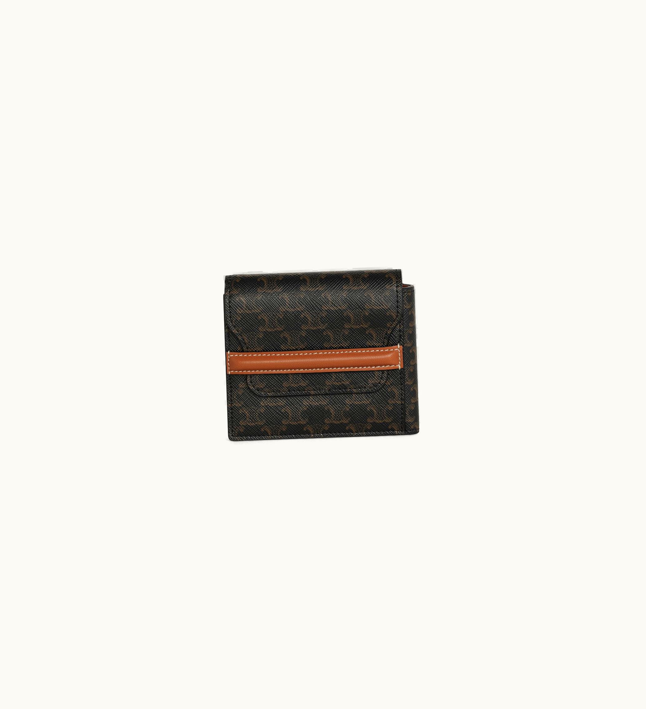 Celine Celine Flap Origami Wallet In Triomphe Canvas And Lambskin - Tan