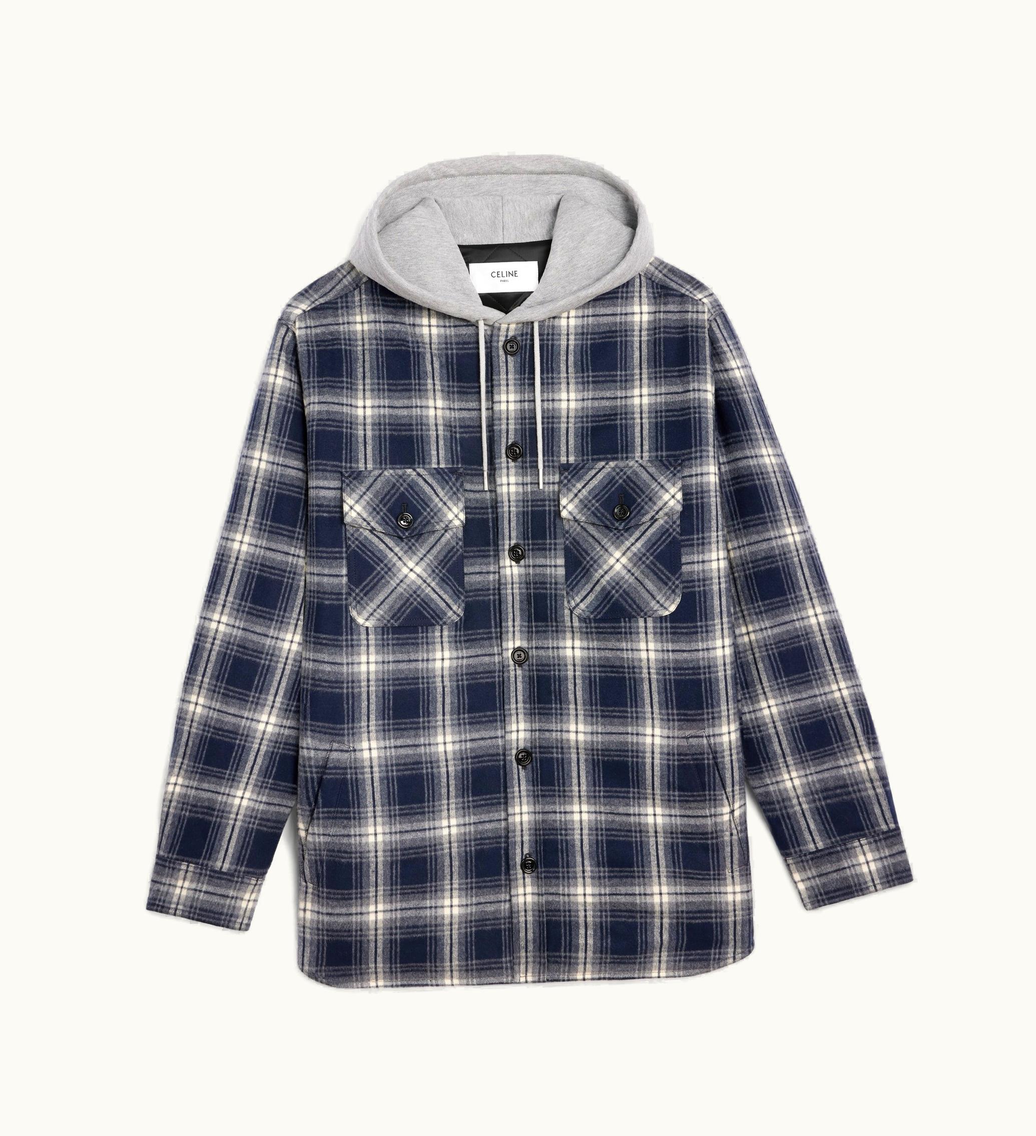 Celine Celine Hooded Overshirt In Checked Cotton - Navy