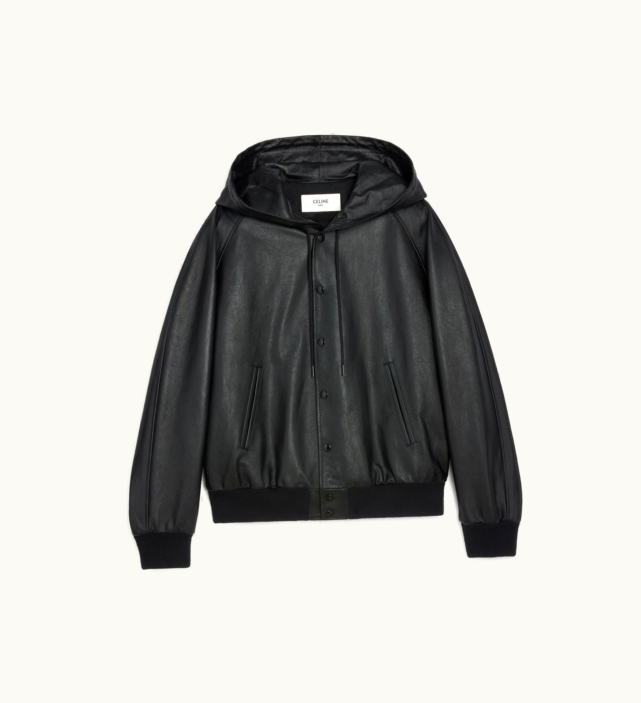 Celine Hooded Celine Jacket In Soft Lambskin - Black