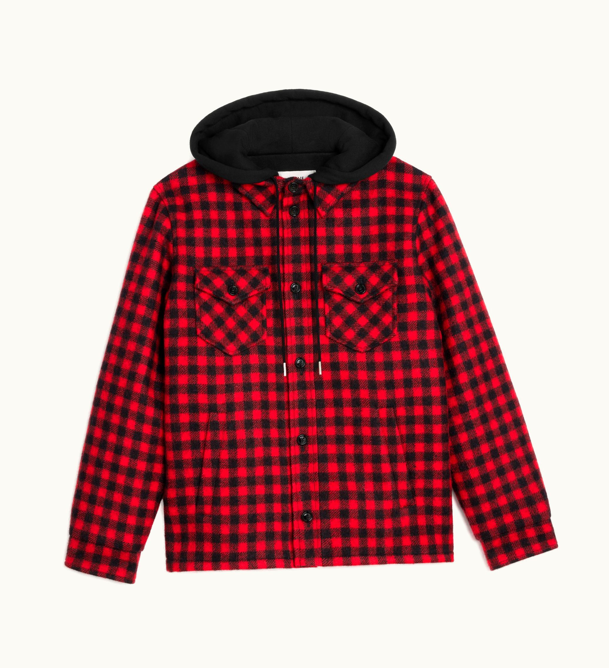 Celine Celine Hooded Overshirt In Checked Wool - Rouge / Noir