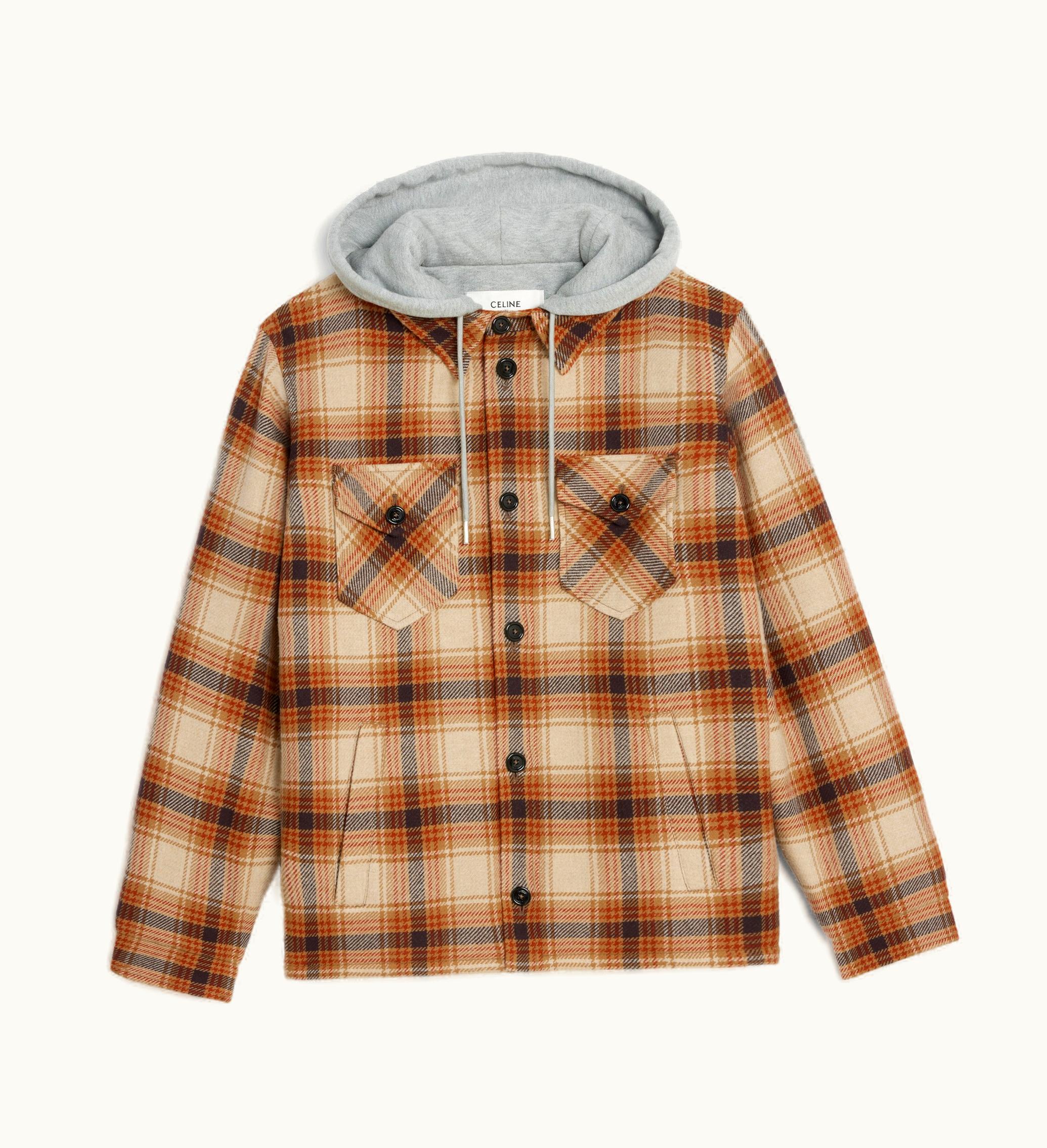 Celine Celine Hooded Overshirt In Checked Wool - Brown / Orange