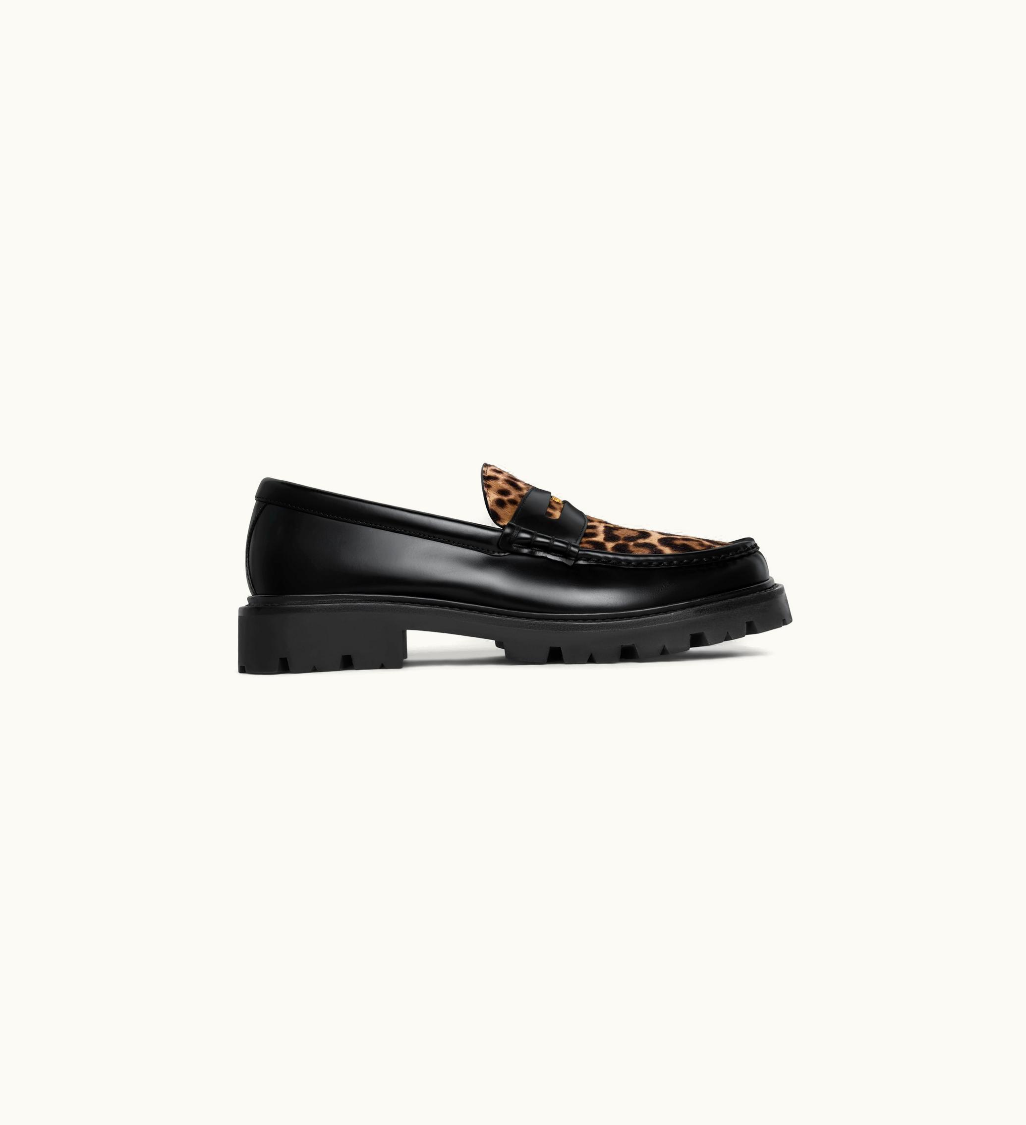 Celine Celine Margaret Loafer With Triomphe Signature In Polished Bull & Leopard Printed Hairy Calfskin - Black / Brown