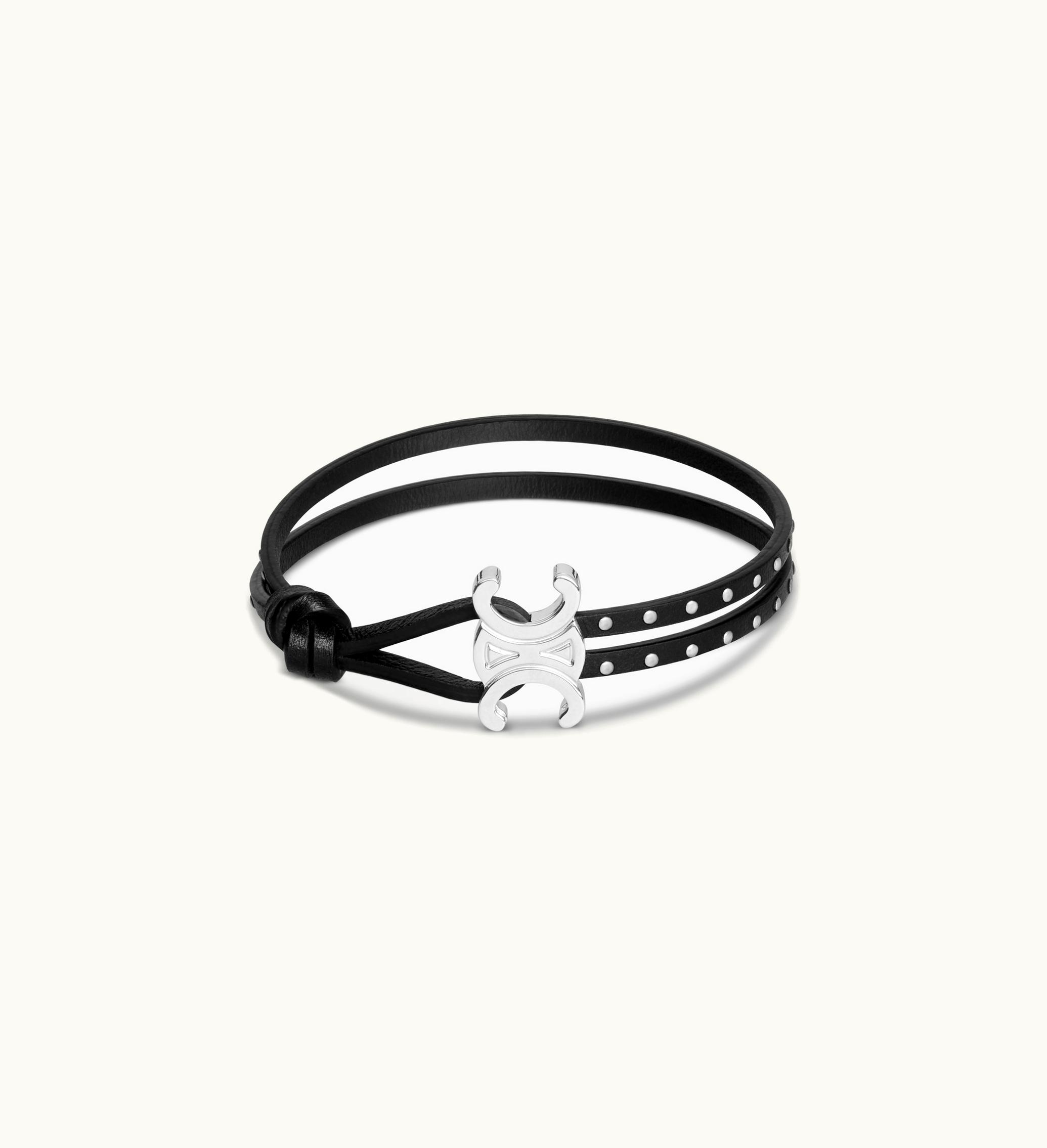 Celine Celine Triomphe Stud Clasp Bracelet In Brass With Rhodium Finish And Calfskin - Black / Silver