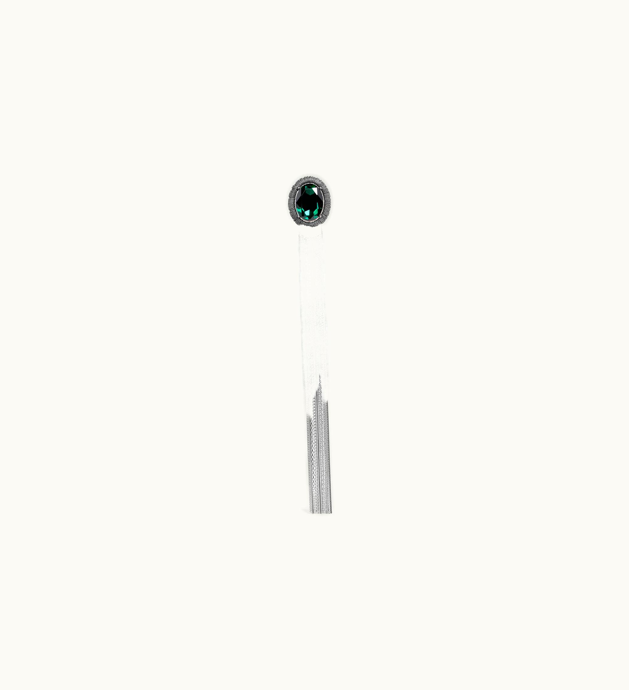Celine Les Pierres Celine Oval Brooch In Brass With Rhodium Finish And Green Strass - Silver / Green