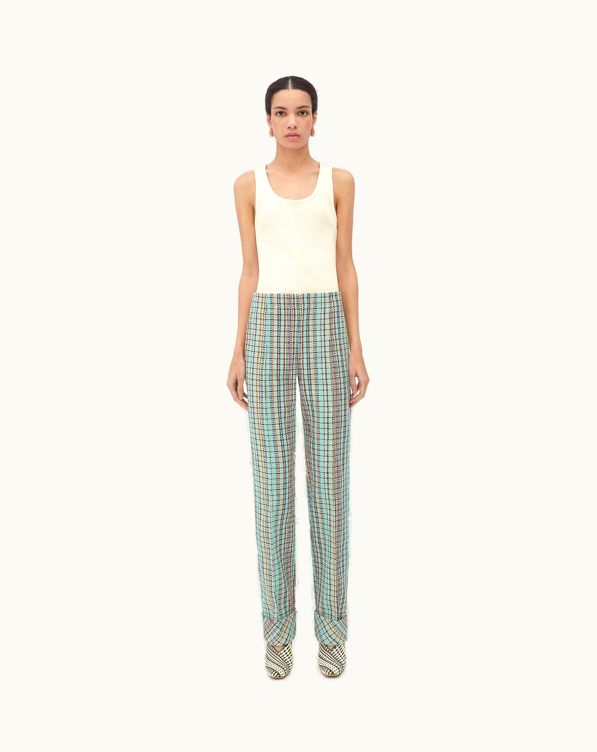 Bottega Veneta Bottega Veneta Women's Cotton Check Trousers In Acqua / Black / Burgundy