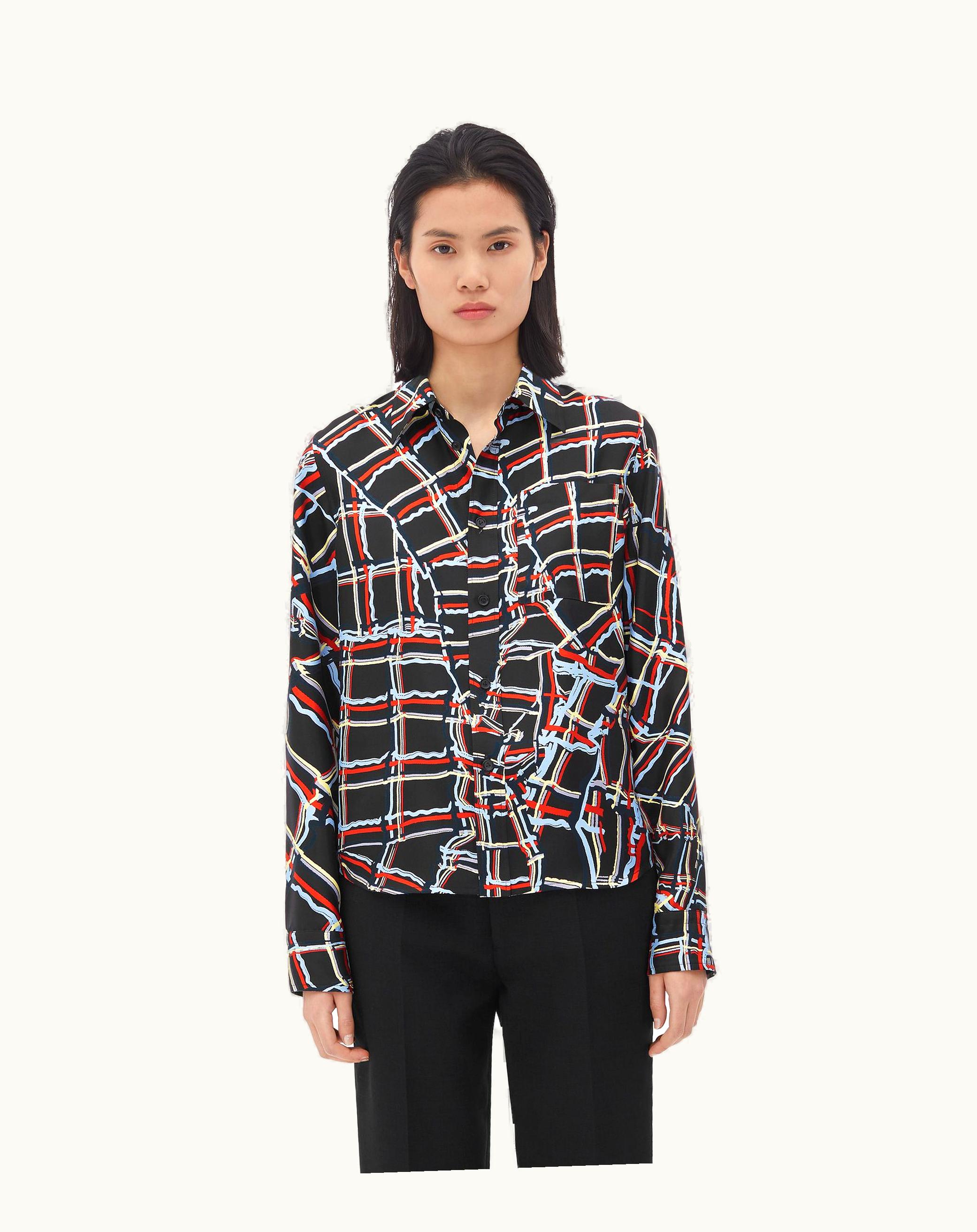Bottega Veneta Bottega Veneta Women's Distorted Check Printed Silk Shirt In Black / Blue / Red