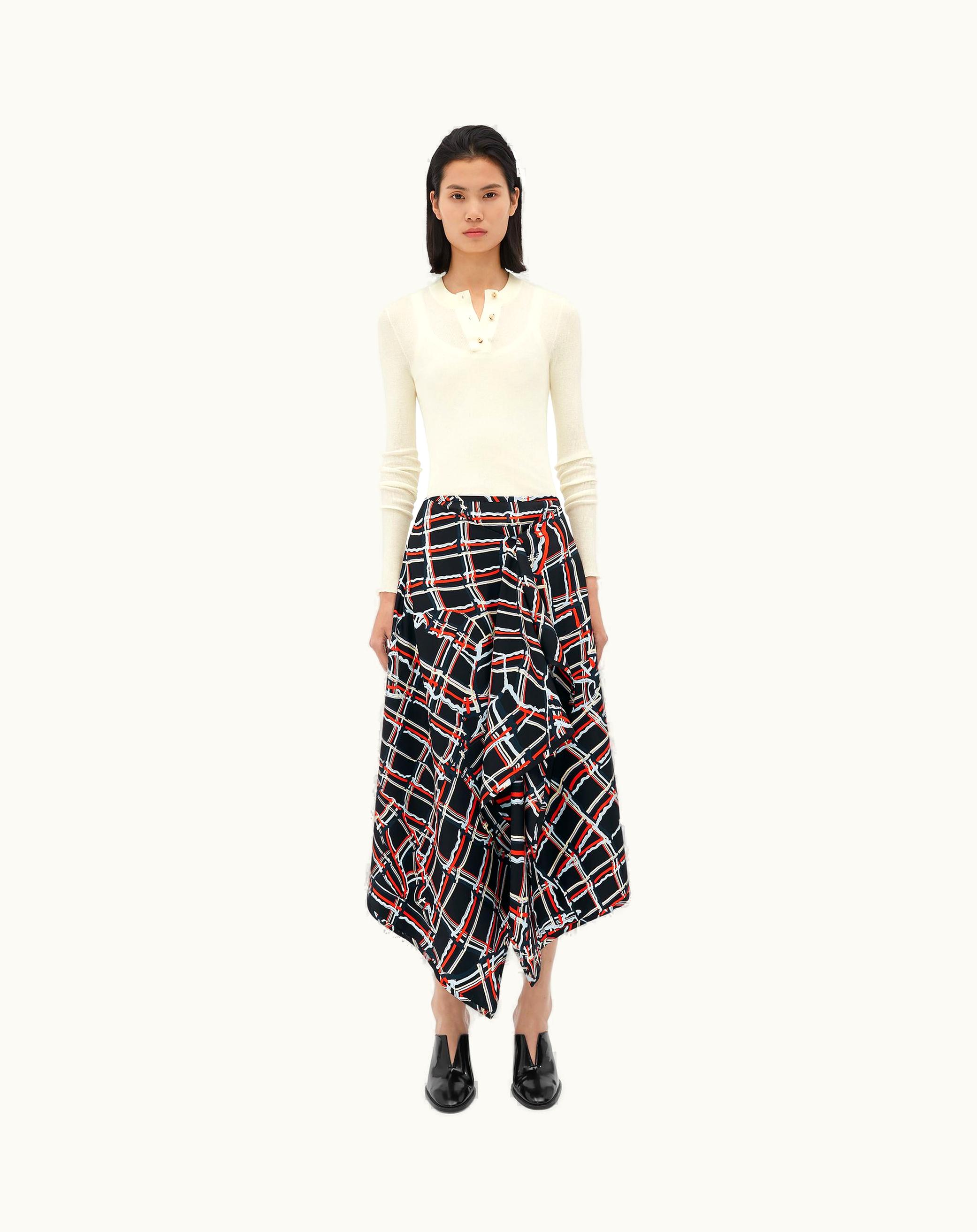 Bottega Veneta Bottega Veneta Women's Distorted Check Printed Silk Wrapped Skirt In Black / Blue / Red