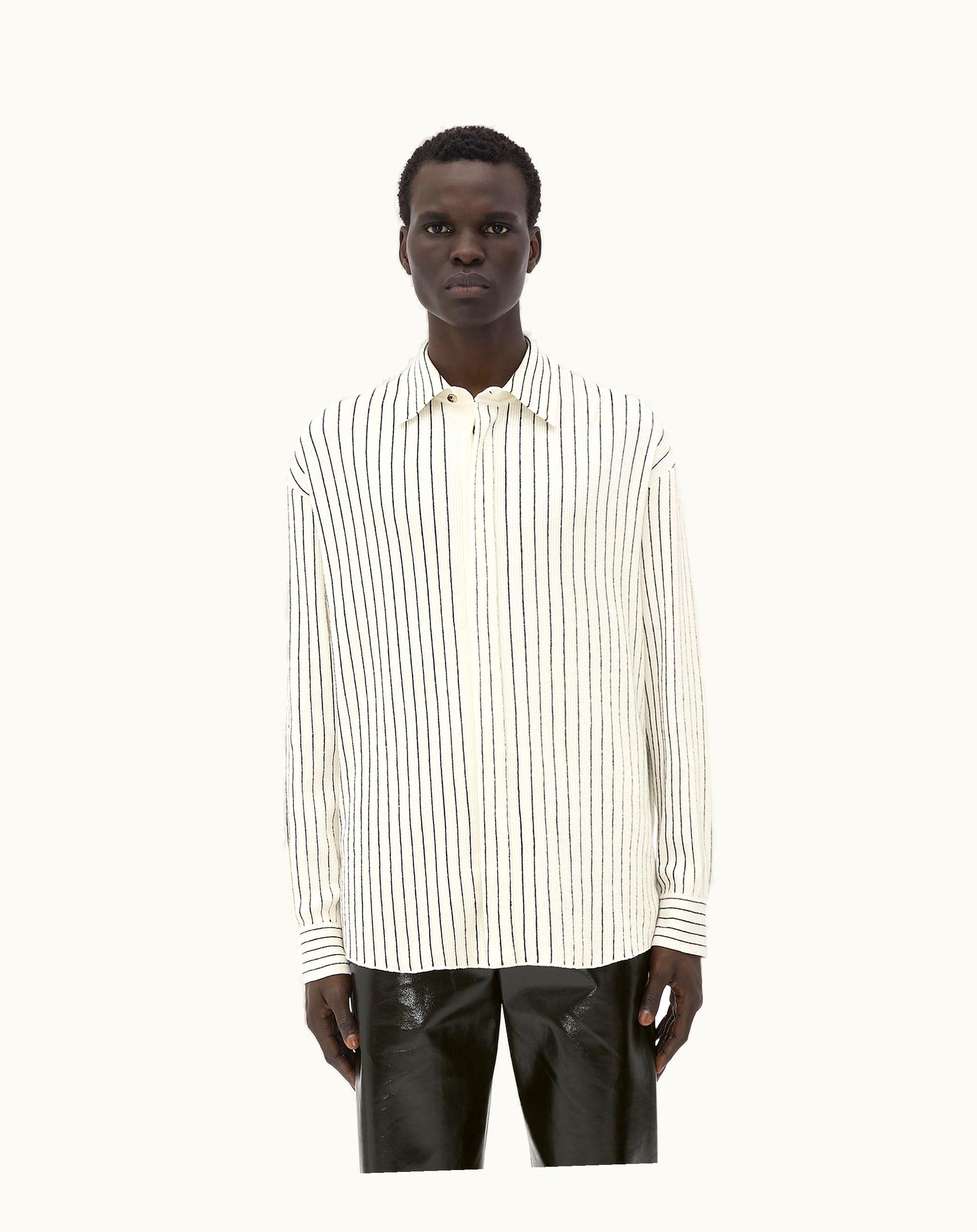Bottega Veneta Bottega Veneta Men's Pinstripe Knitted Linen Shirt In Chalk / Grey Melange