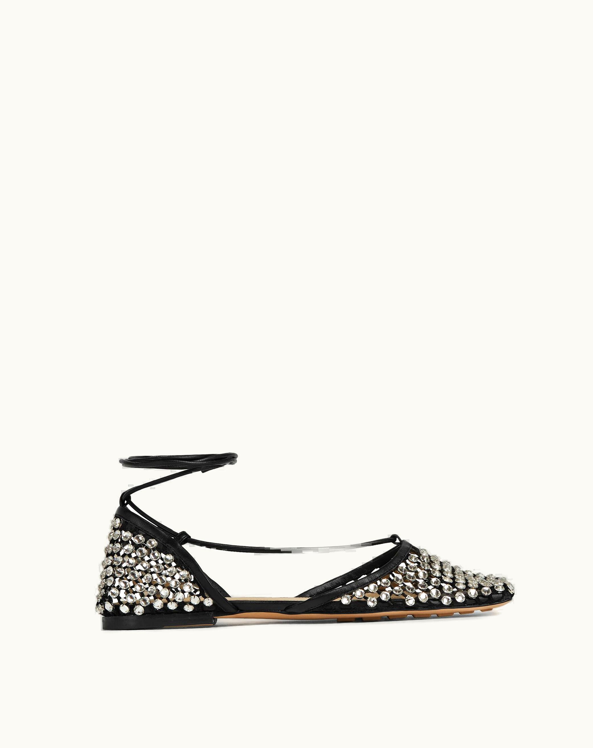 Bottega Veneta Bottega Veneta Women's Sparkle Stretch Lace-Up Flat Sandal In Black / Crystal