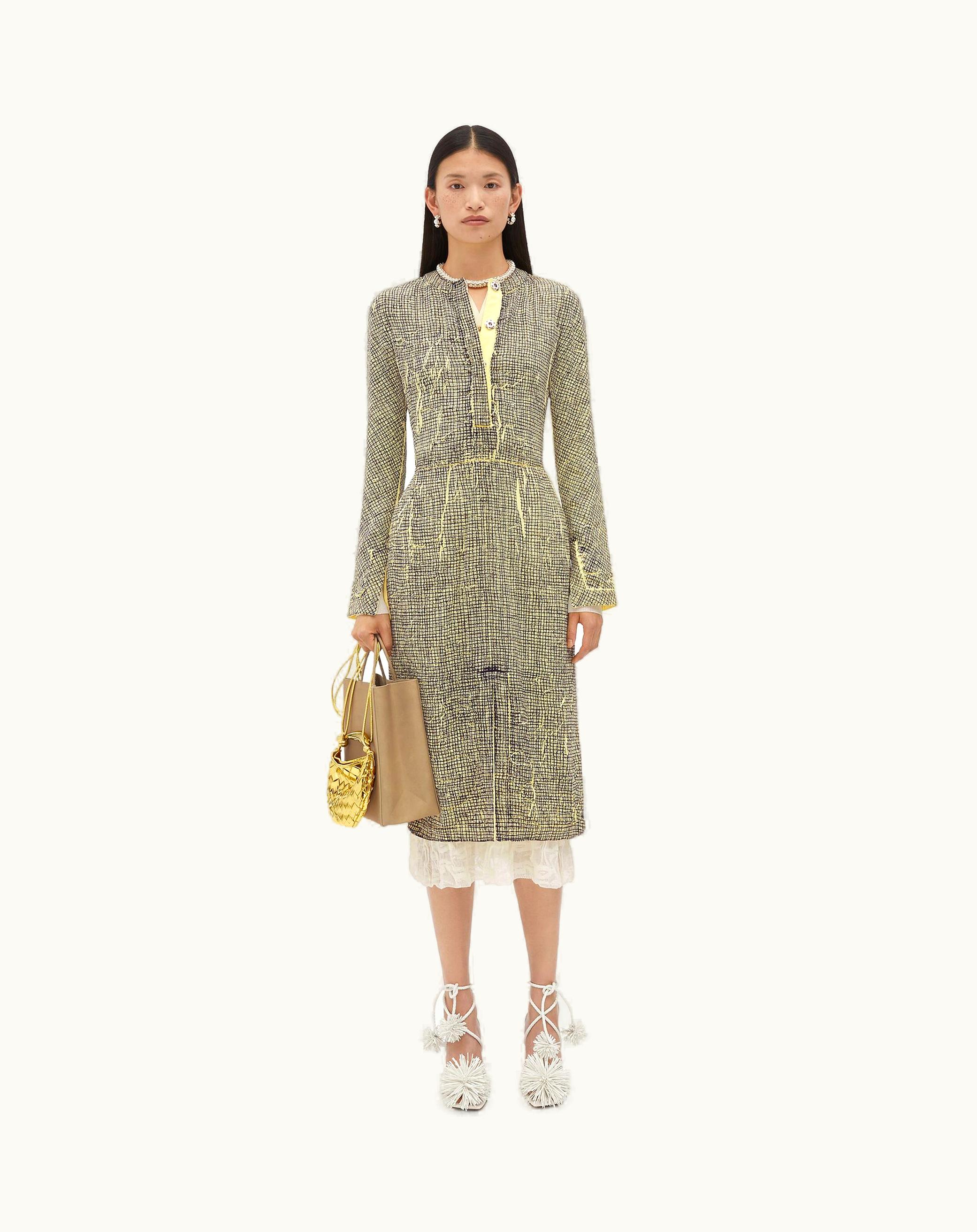 Bottega Veneta Bottega Veneta Women's Printed Viscose Creased Dress In Yellow / Charcoal