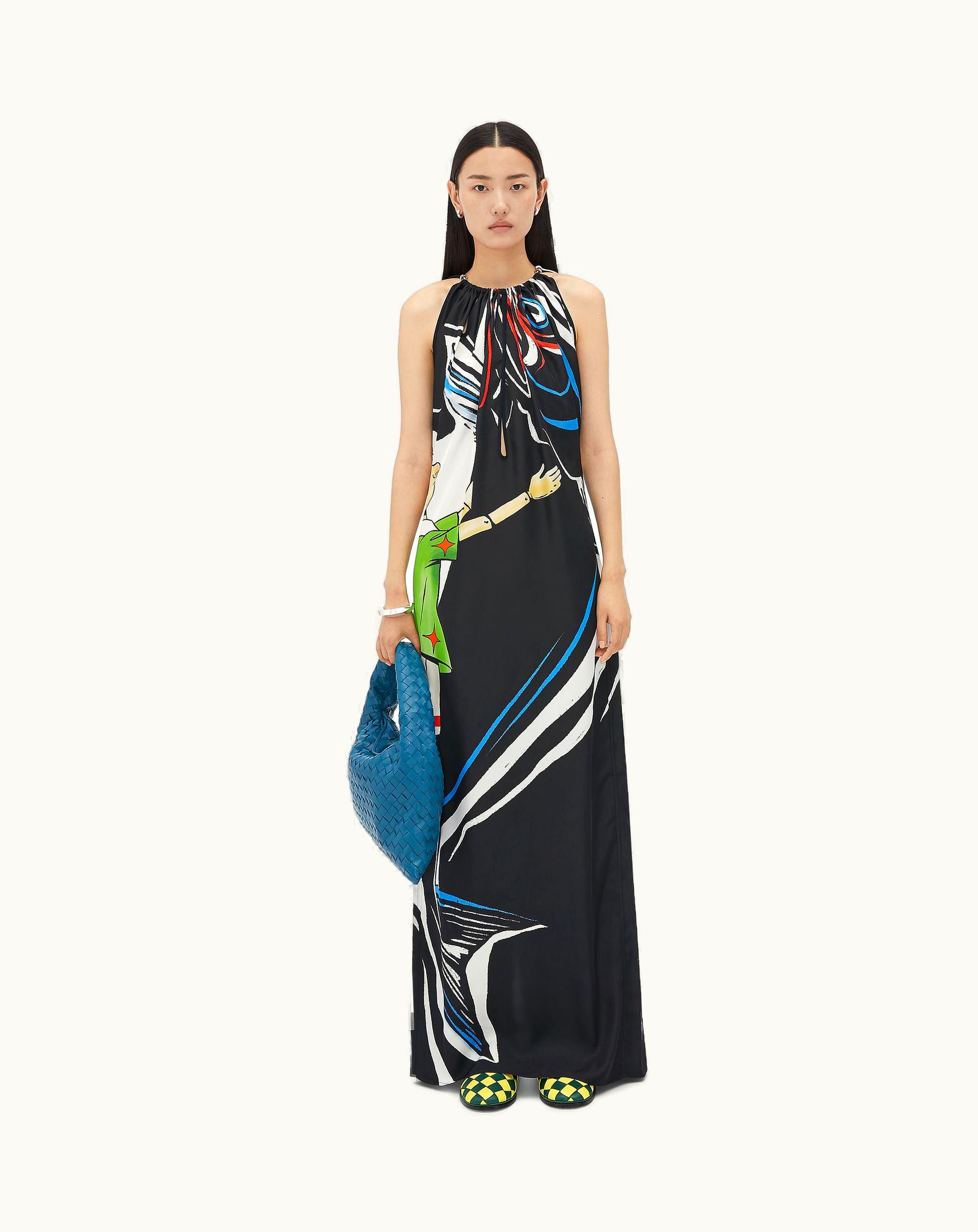 Bottega Veneta Bottega Veneta Women's Printed Viscose Dress With Knot Detail At Neck In Black / Green