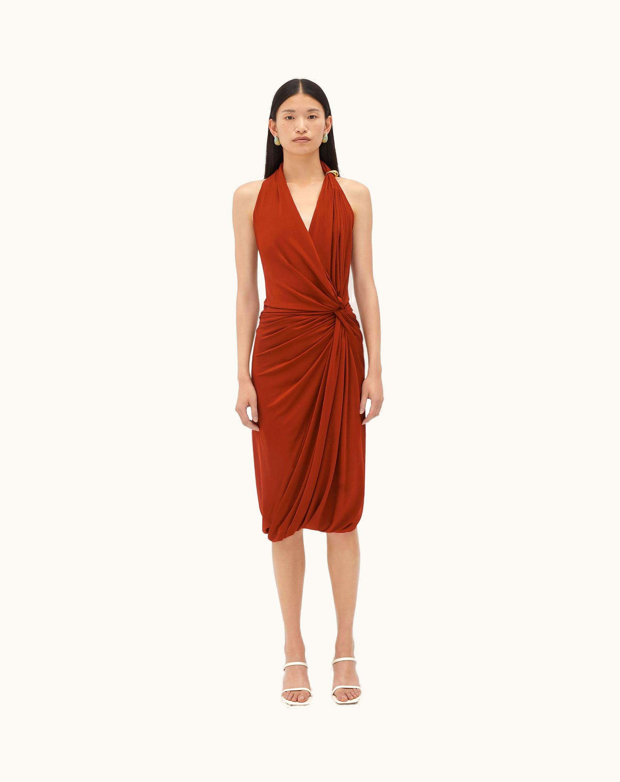 Bottega Veneta Bottega Veneta Women's Viscose Jersey Midi Dress With Drop Ring Detail In Pudding