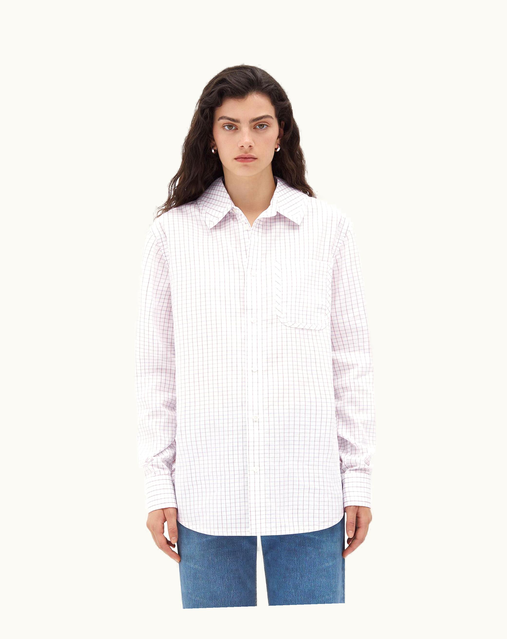 Bottega Veneta Bottega Veneta Women's Crisp Cotton Silk Check Bandana Shirt In White / Orange / Blue