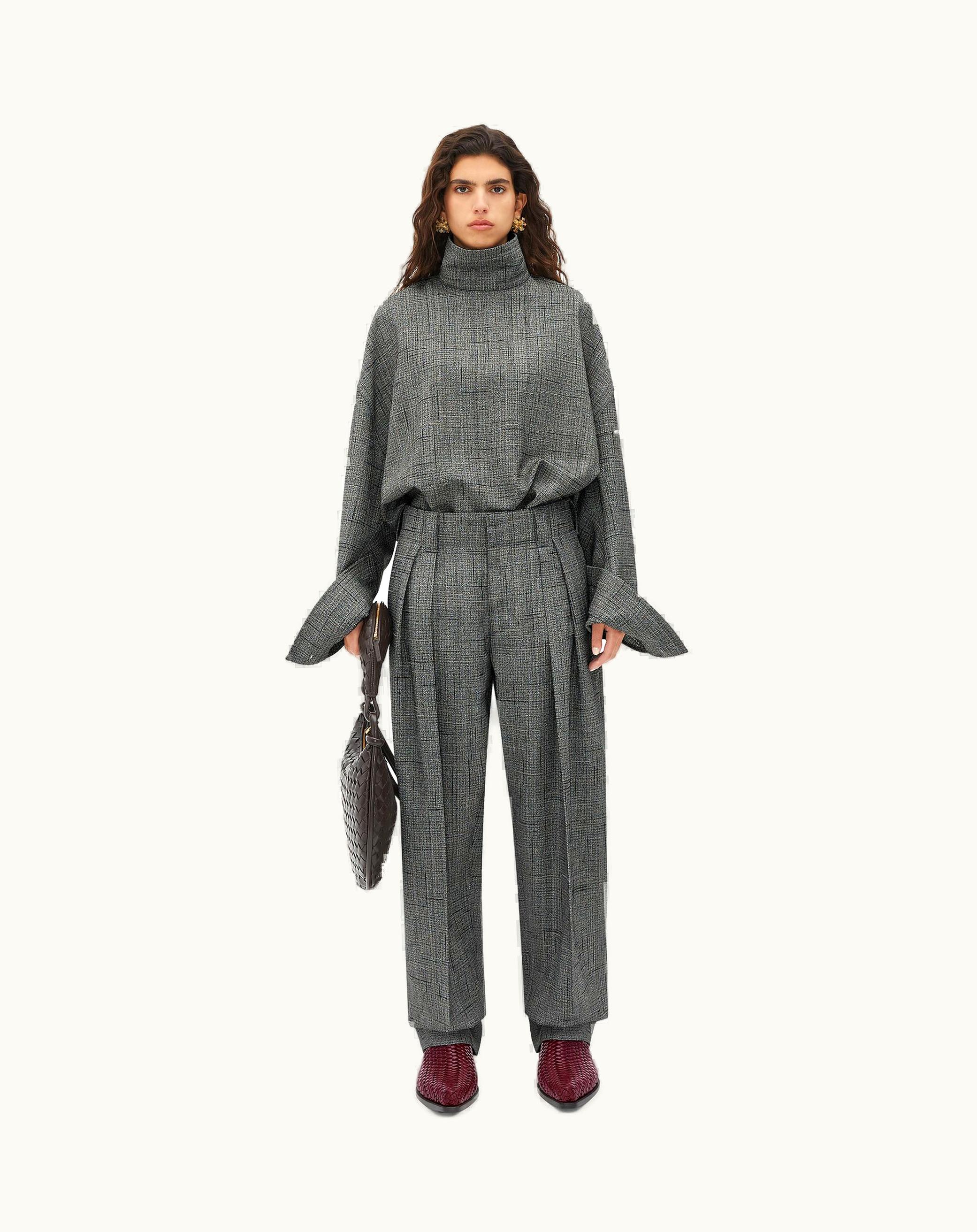 Bottega Veneta Bottega Veneta Women's Viscose And Silk Criss-Cross High Neck Shirt In Camping / Grey Melange